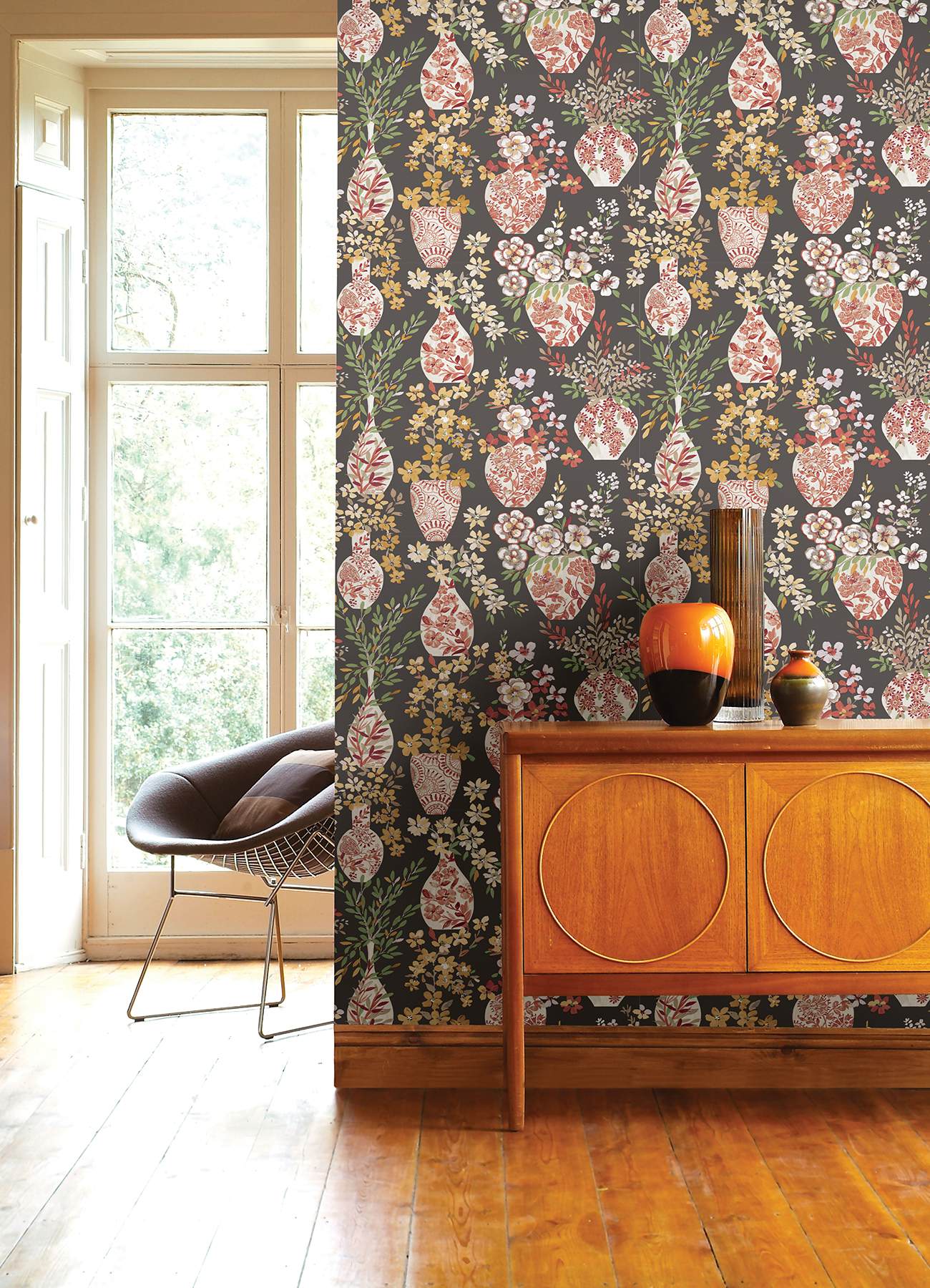 Harper Brown Floral Vase Wallpaper