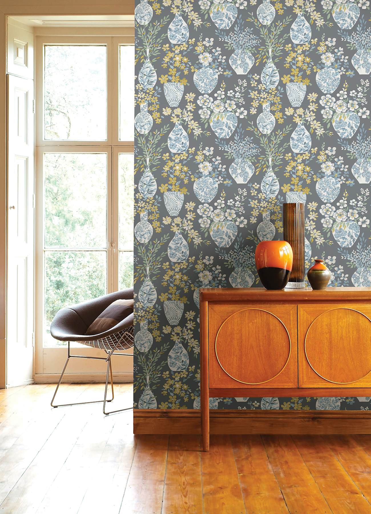 Harper Grey Floral Vase Wallpaper