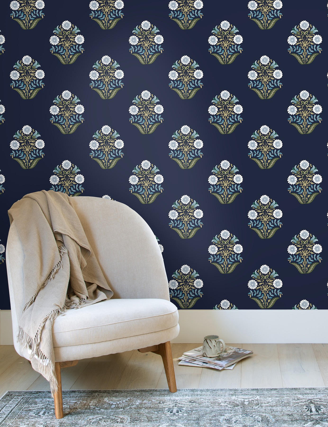Sophie Navy Floral Medallion Peel & Stick Wallpaper