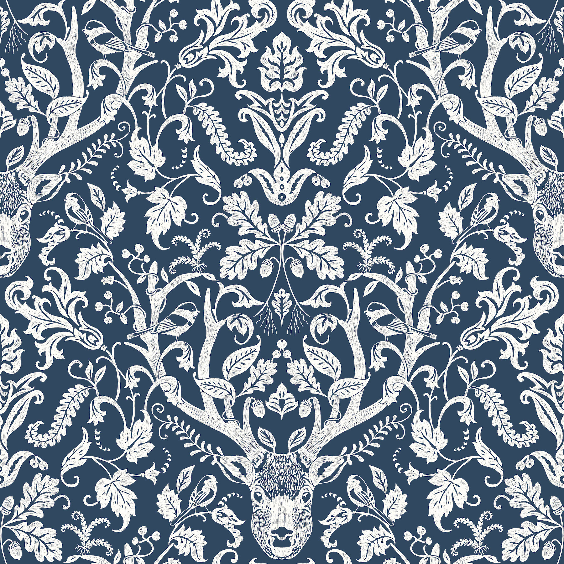 Kiwassa Navy Antler Damask Wallpaper
