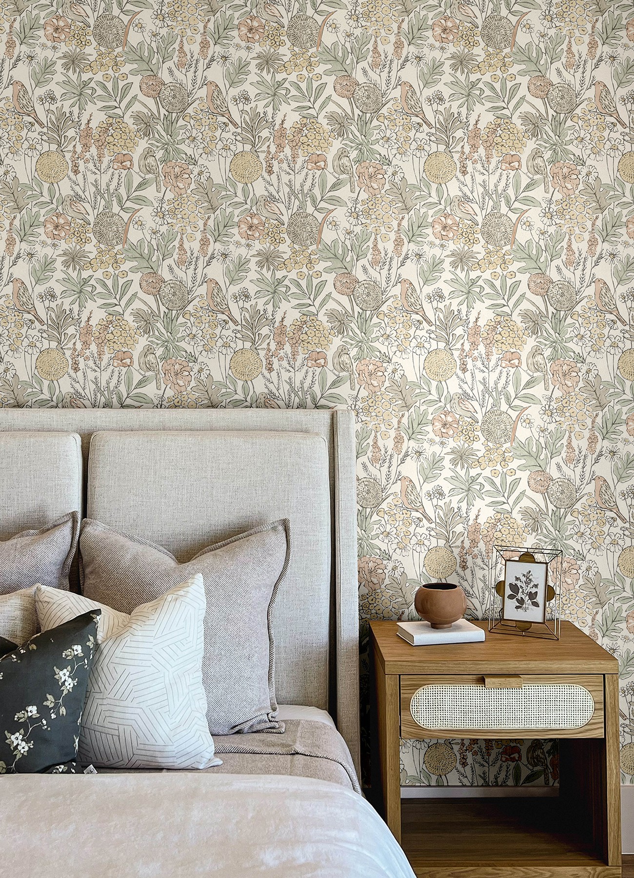 Goldfinch Peach Birds and Blooms Wallpaper