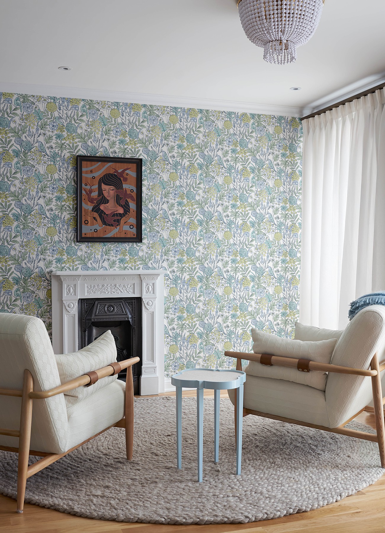 Goldfinch Aqua Birds and Blooms Wallpaper