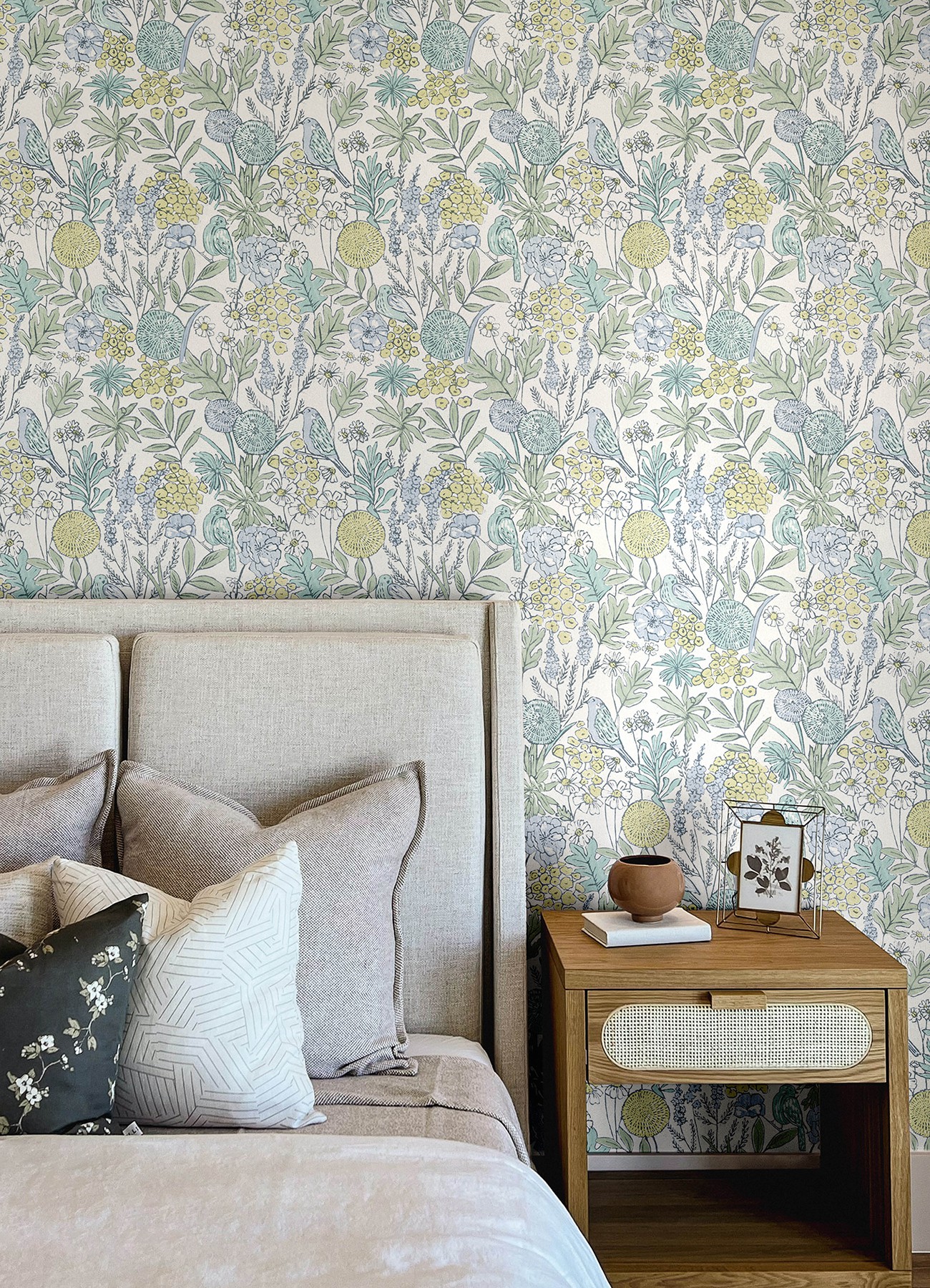 Goldfinch Aqua Birds and Blooms Wallpaper