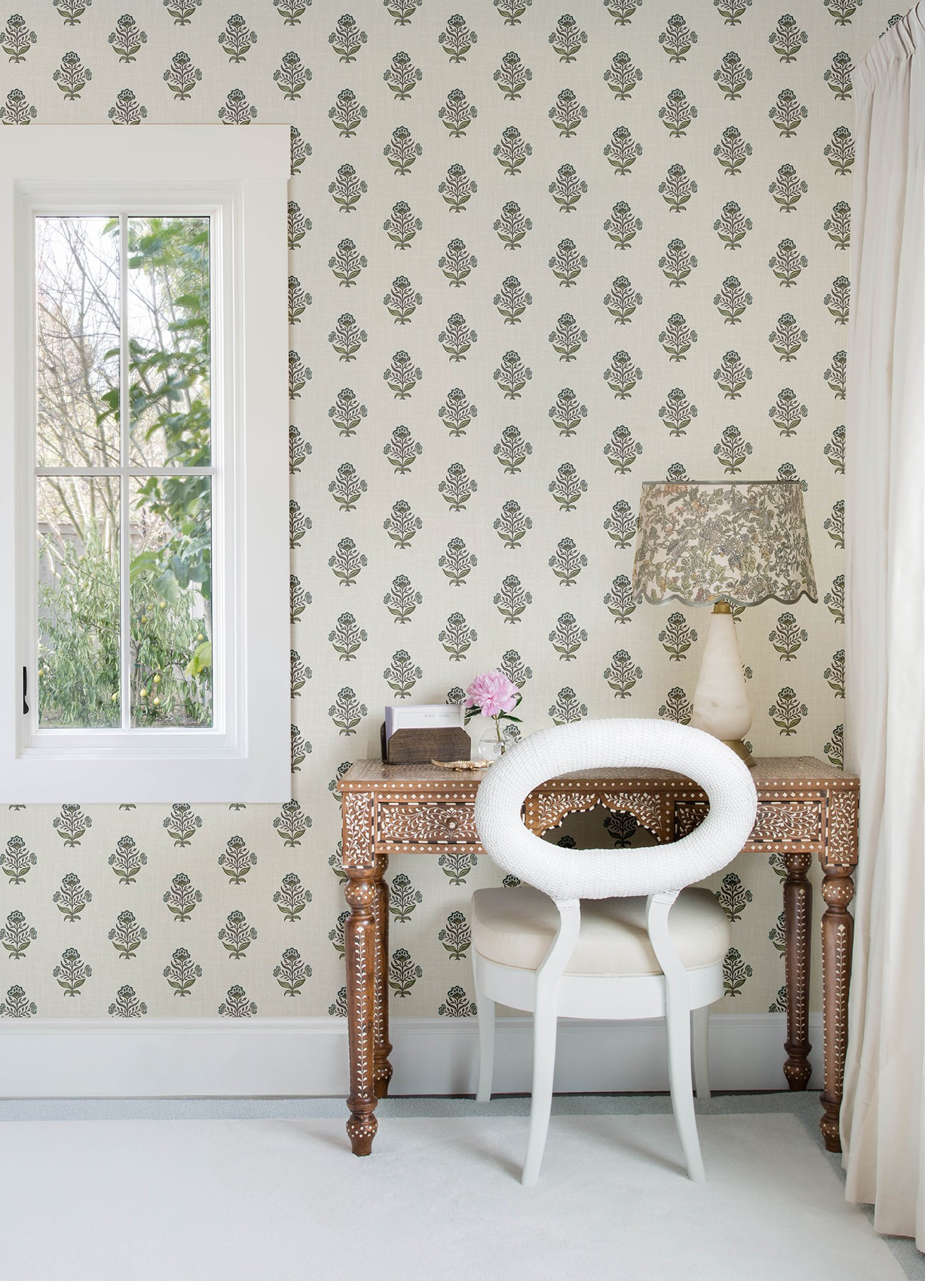 Hollyhock Aqua Floral Crest Wallpaper