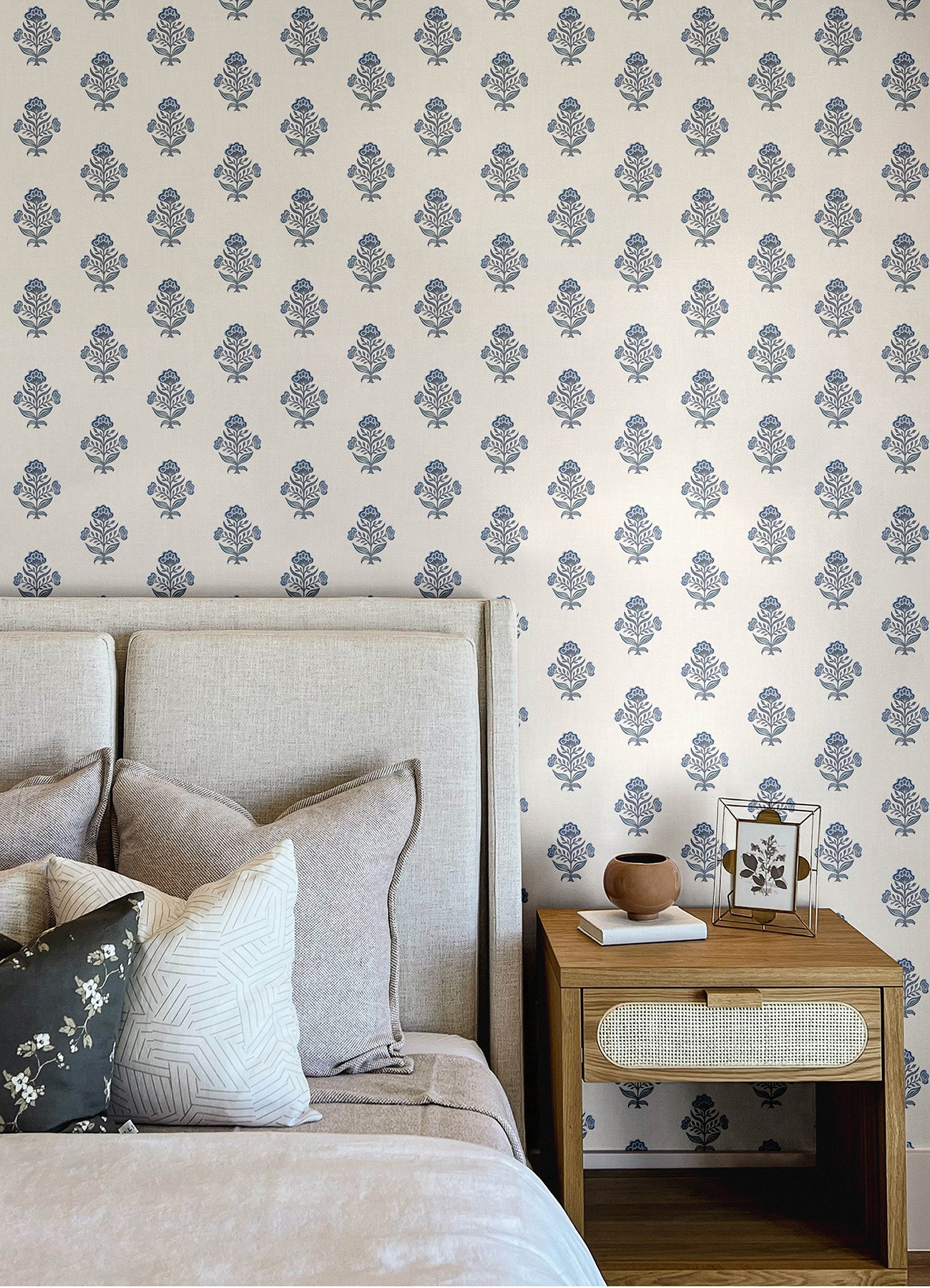 Hollyhock Blue Floral Crest Wallpaper