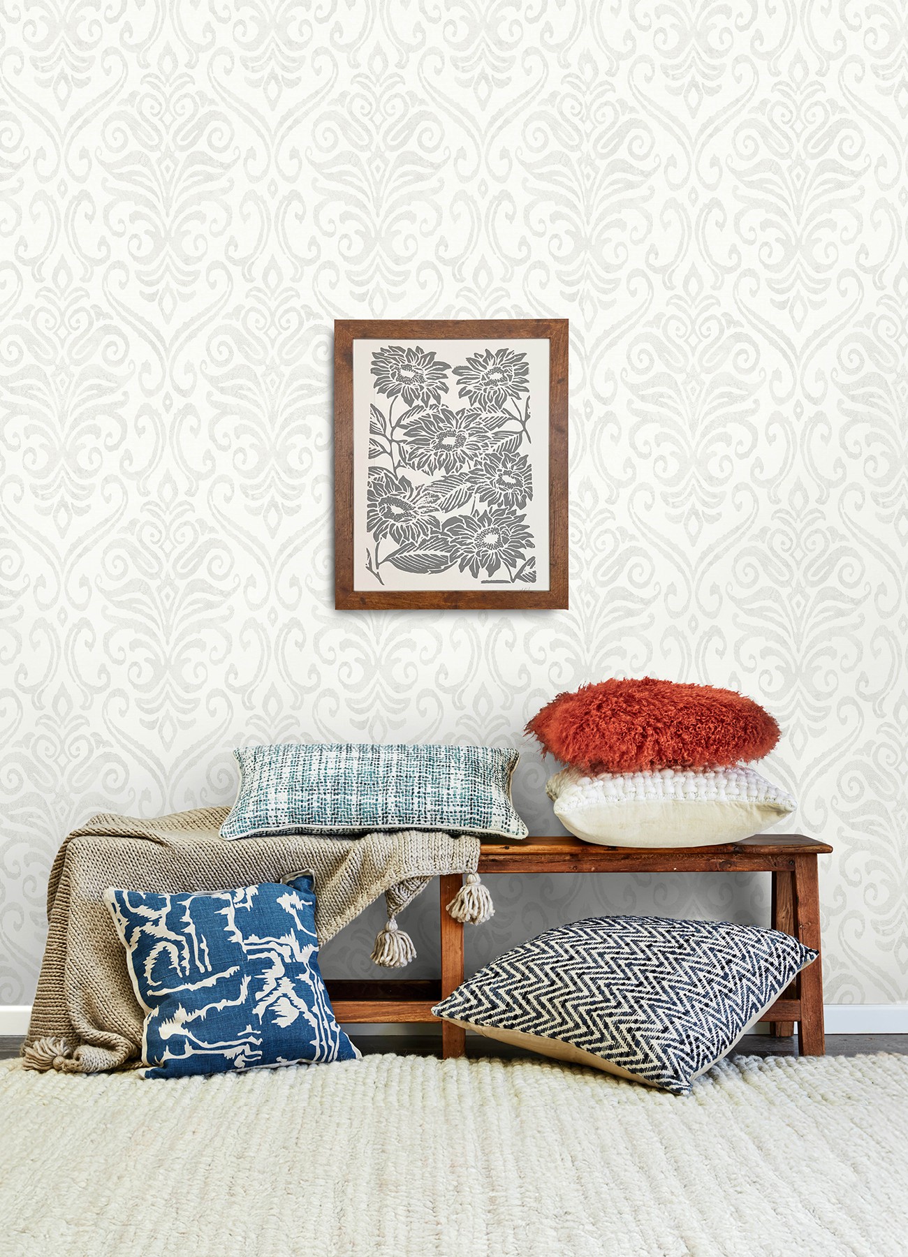 Adavu Dove Damask Wallpaper