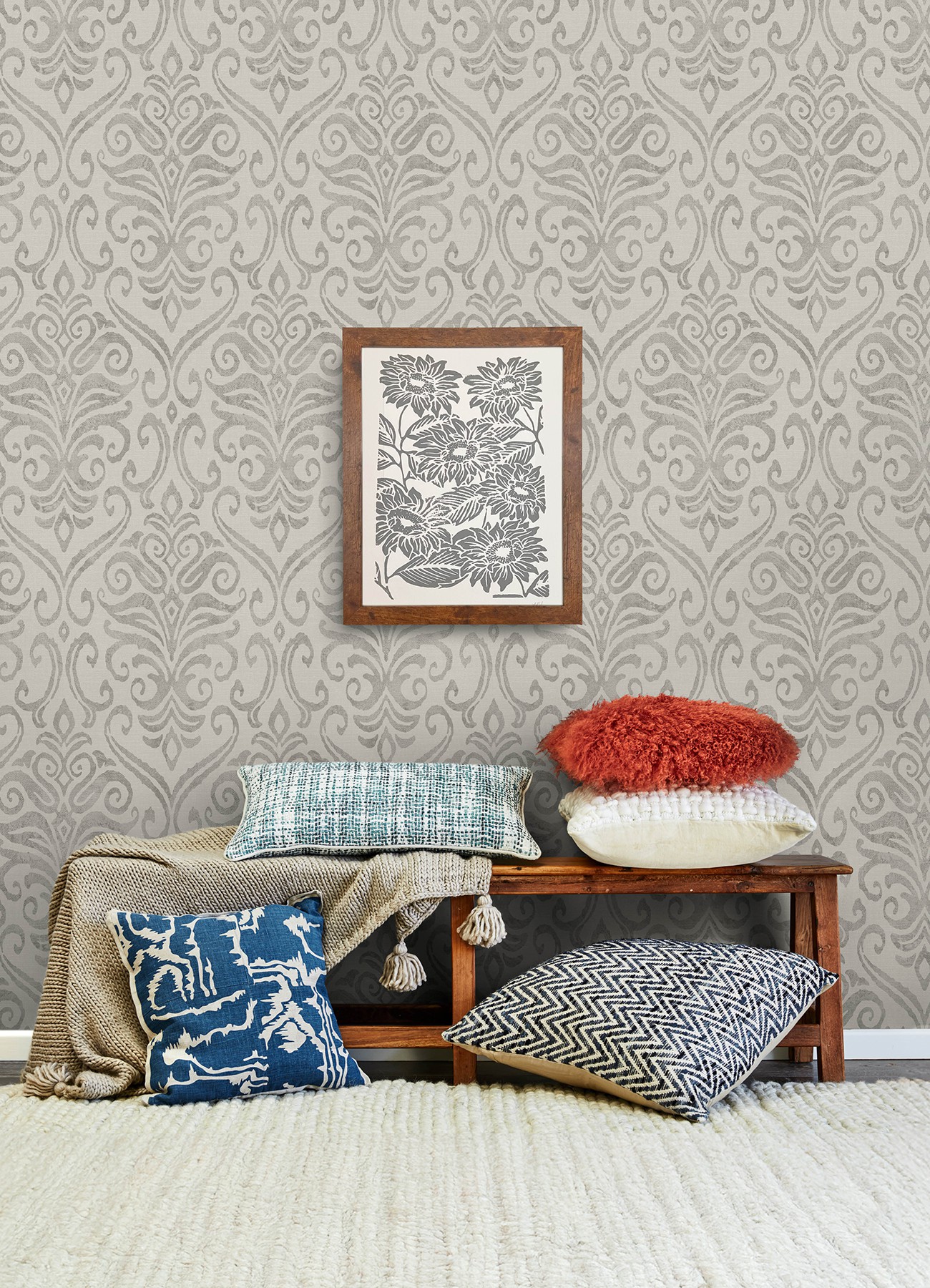 Adavu Grey Damask Wallpaper