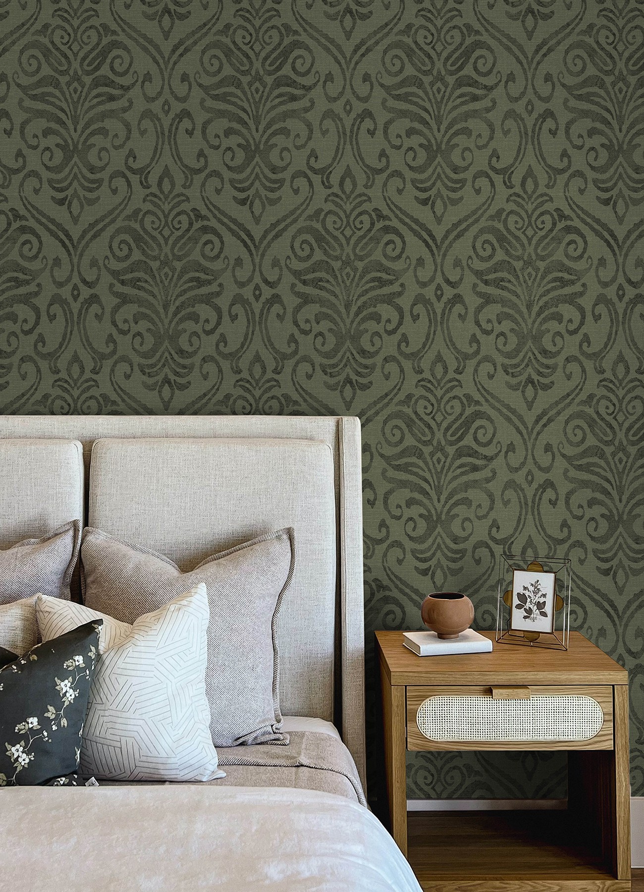 Adavu Dark Green Damask Wallpaper