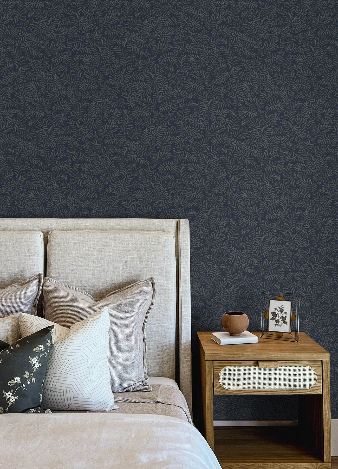 Chrysantha Navy Berry Branches Wallpaper