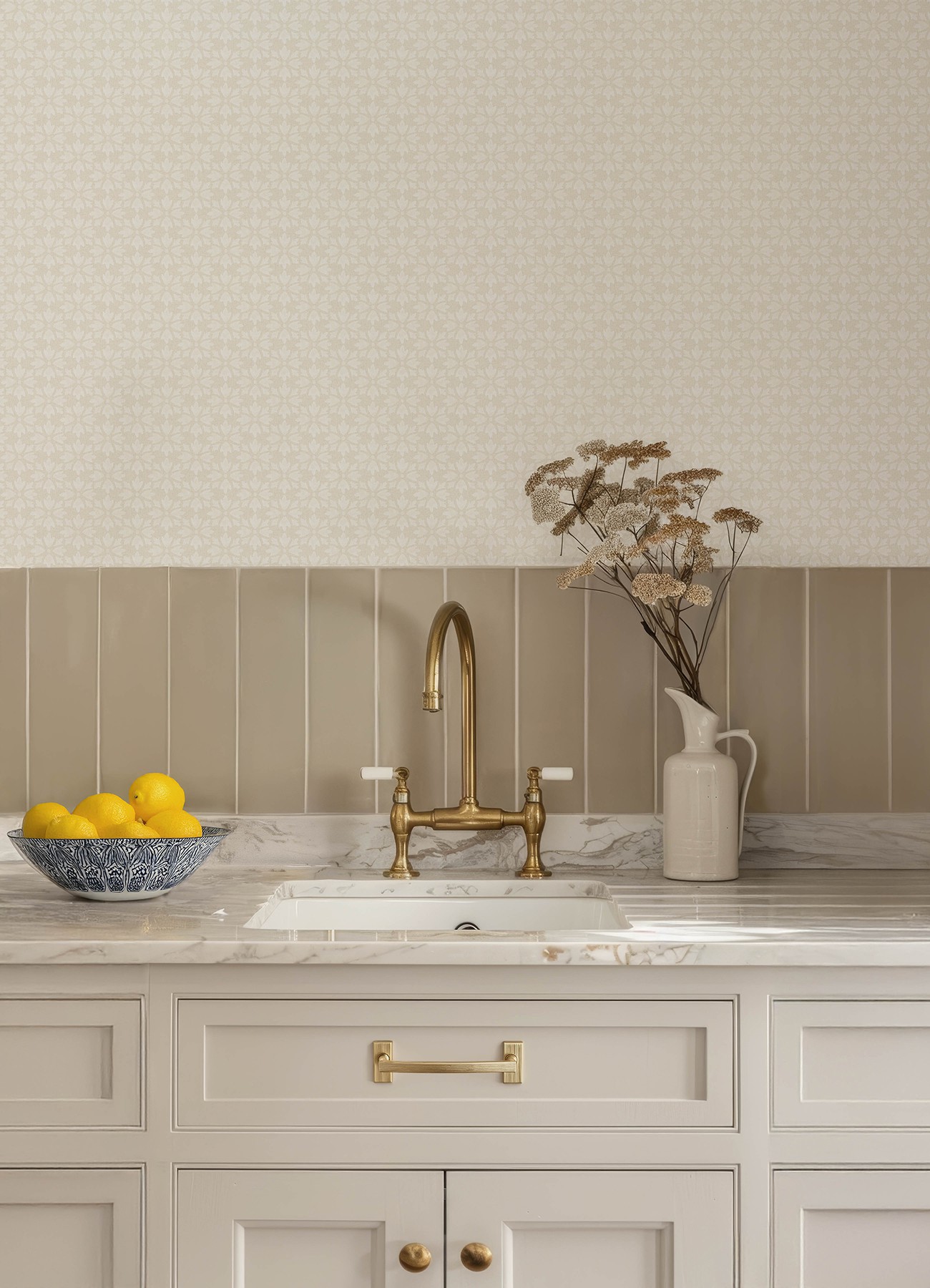 Phlox Beige Floral Stamp Wallpaper
