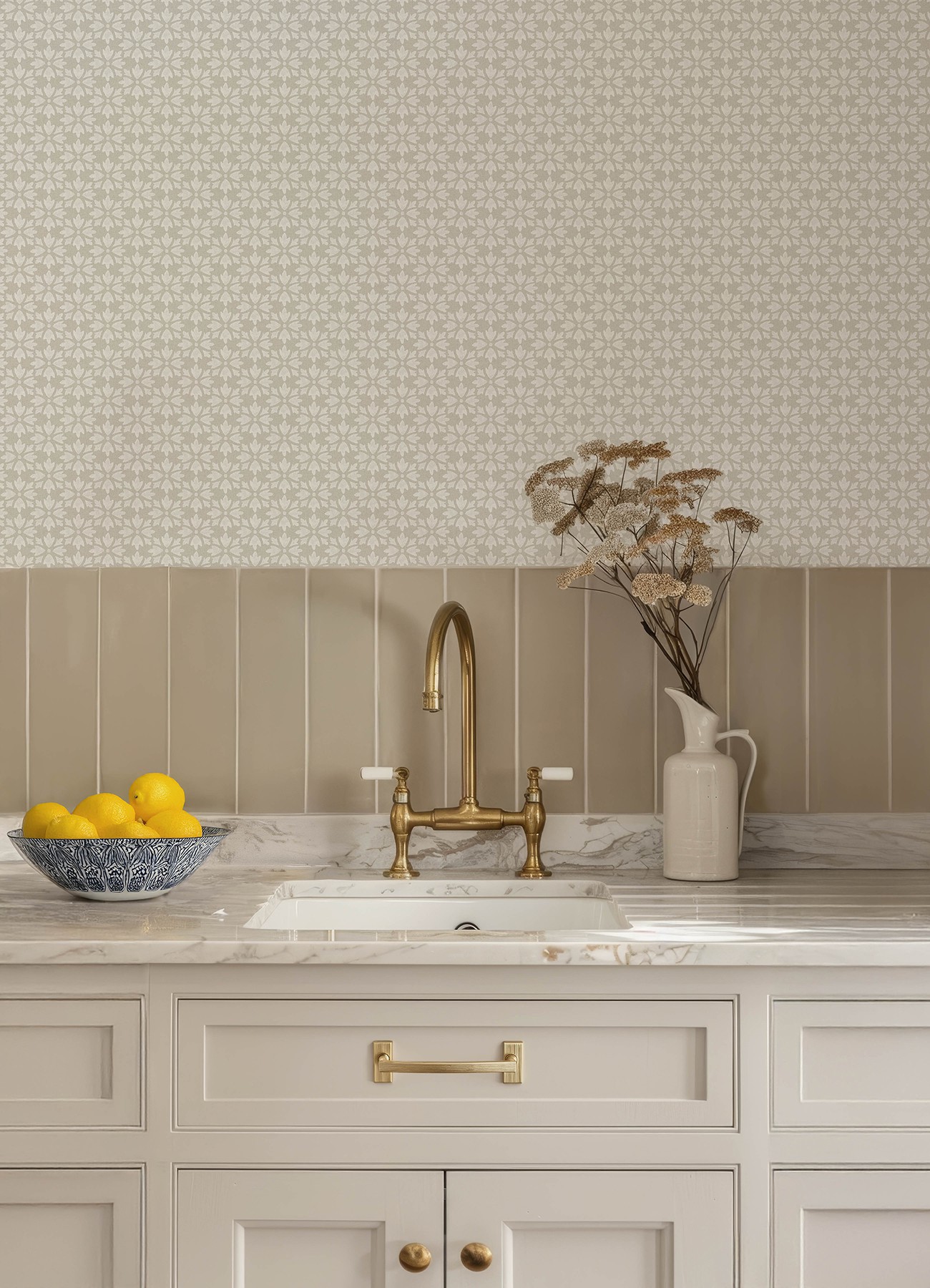 Phlox Grey Floral Stamp Wallpaper