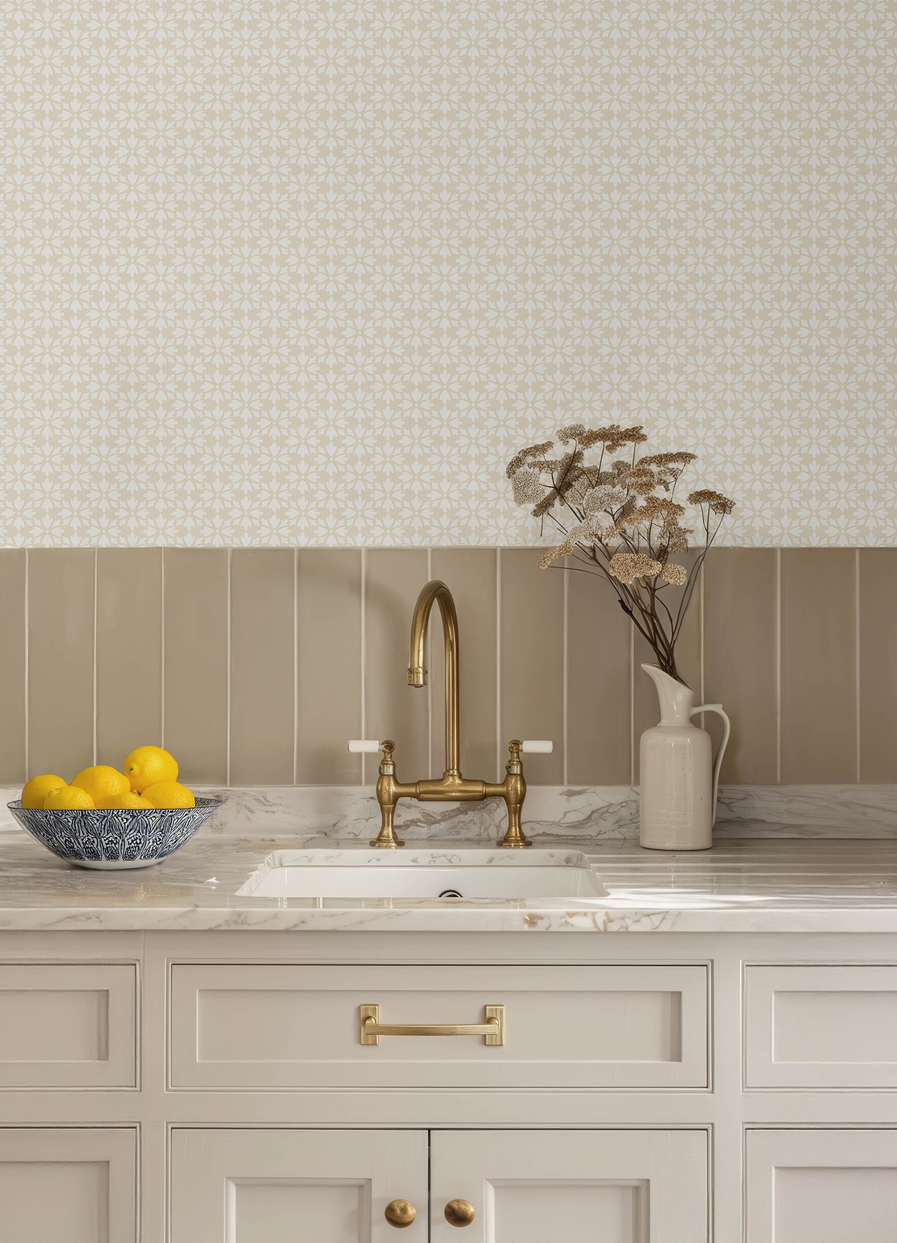 Phlox Khaki Floral Stamp Wallpaper