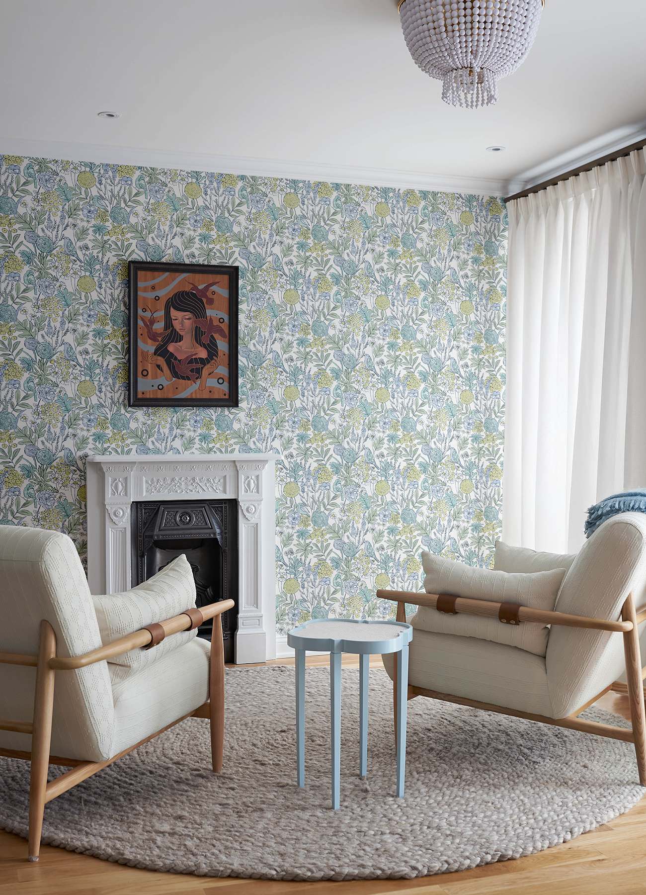 Goldfinch Aqua Birds and Blooms Wallpaper