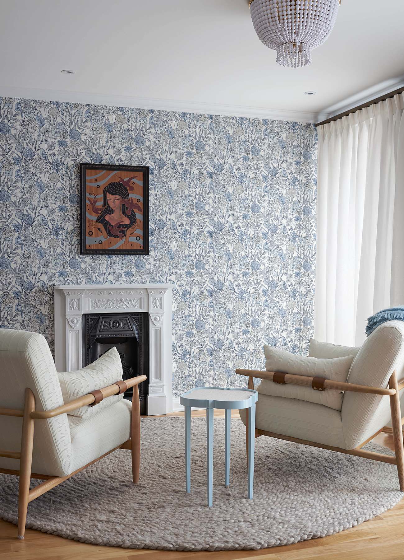 Goldfinch Blue Birds and Blooms Wallpaper