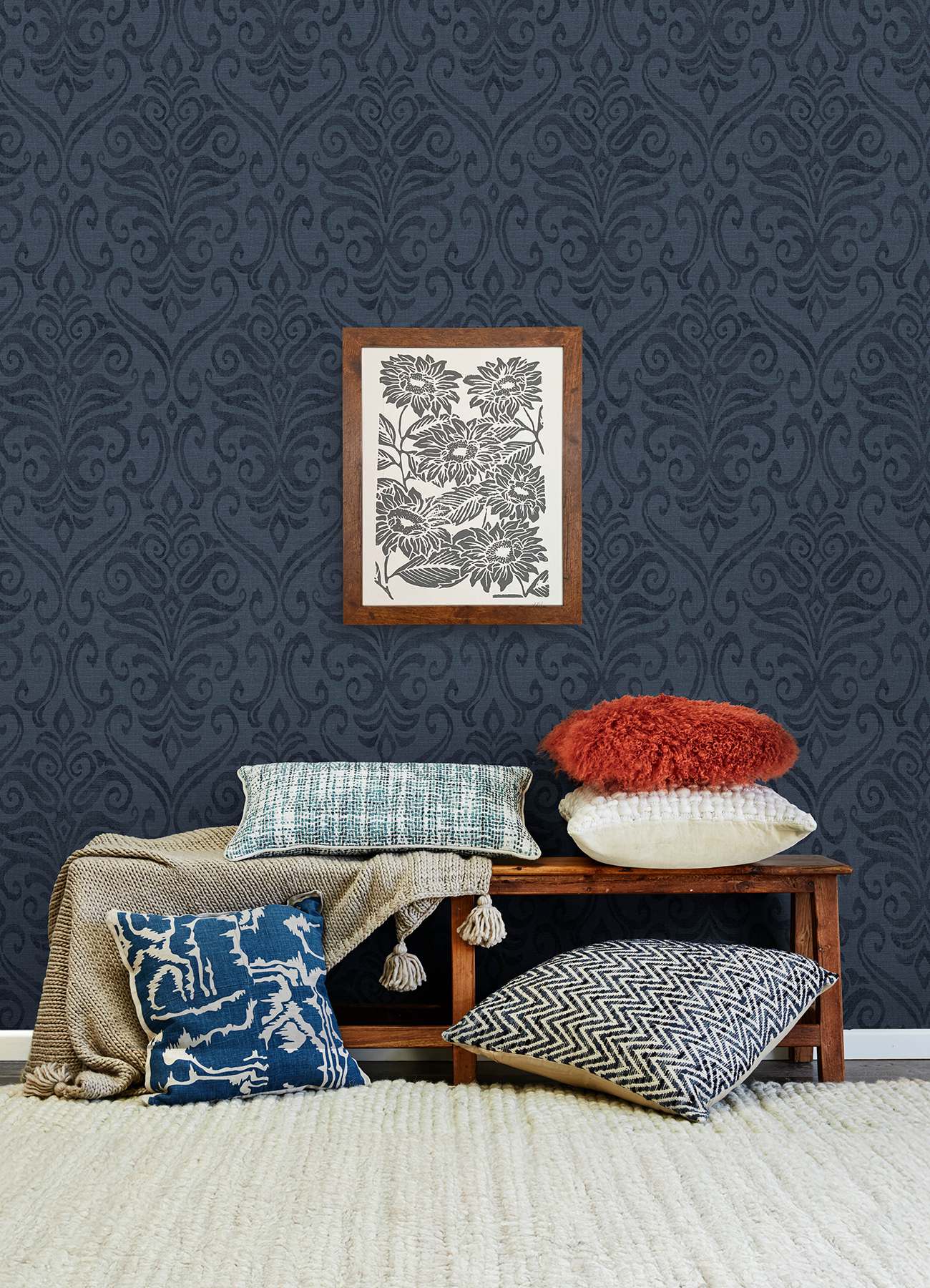 Adavu Blue Damask Wallpaper