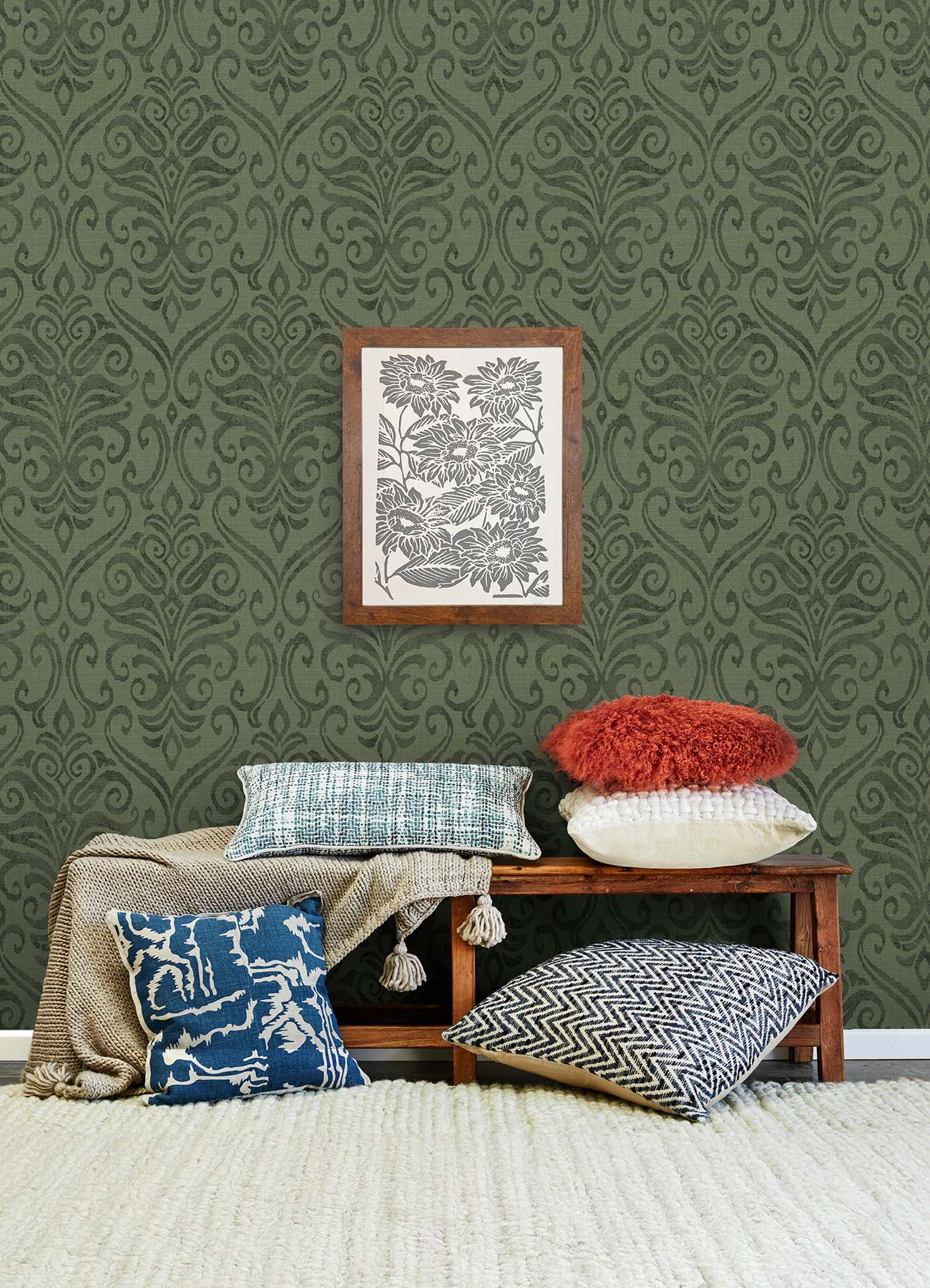 Adavu Dark Green Damask Wallpaper
