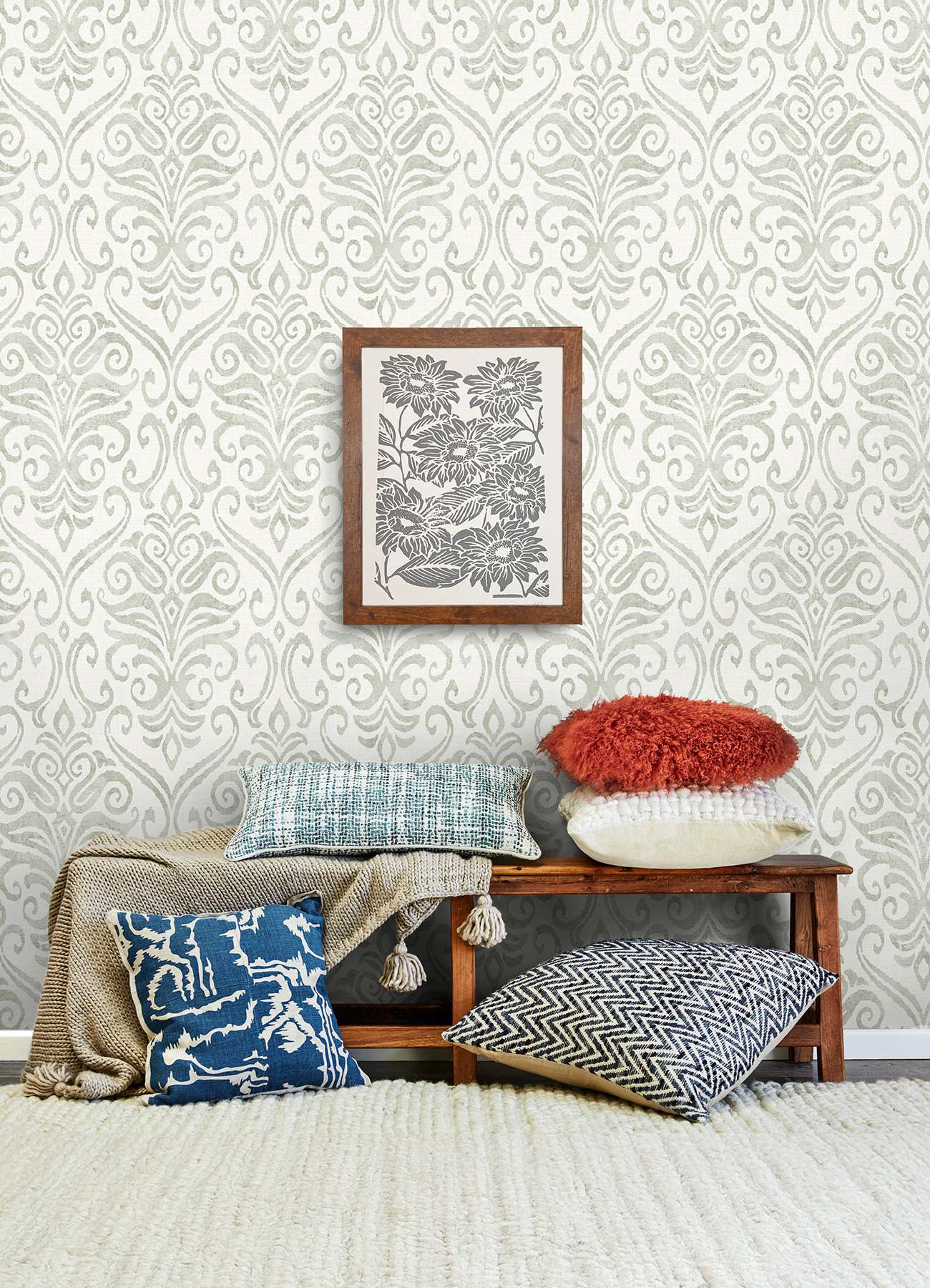 Adavu Sage Damask Wallpaper