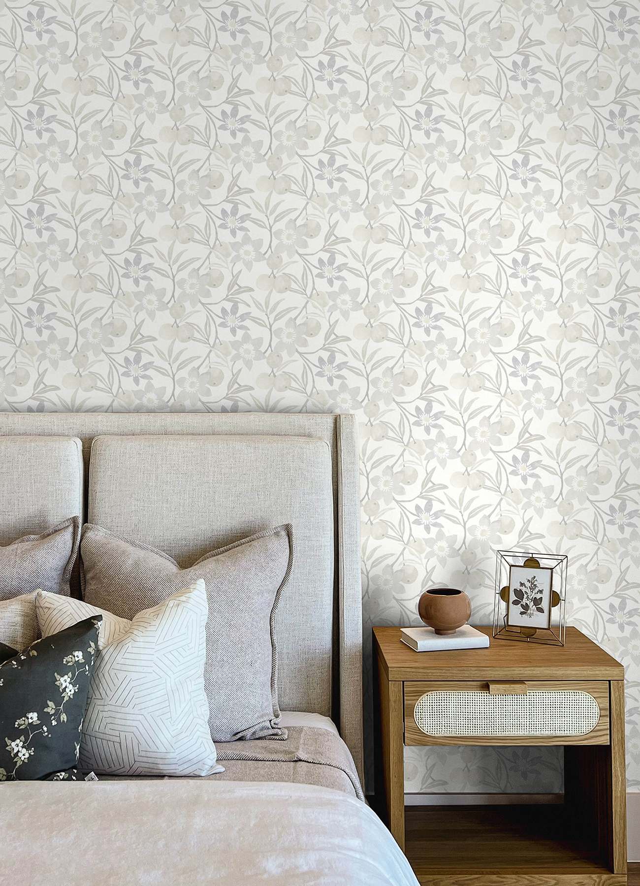Passiflora Grey Fruit and Floral Wallpaper