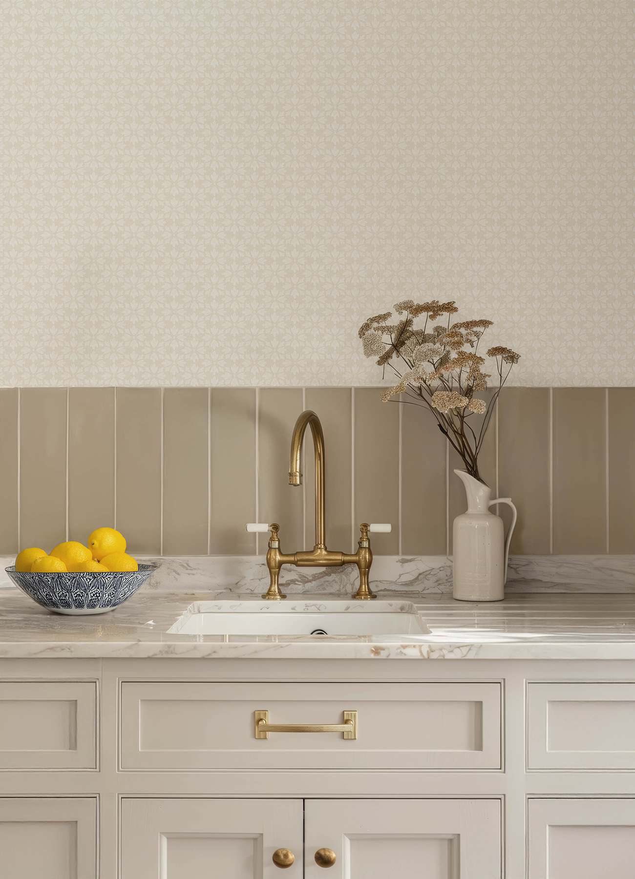Phlox Beige Floral Stamp Wallpaper