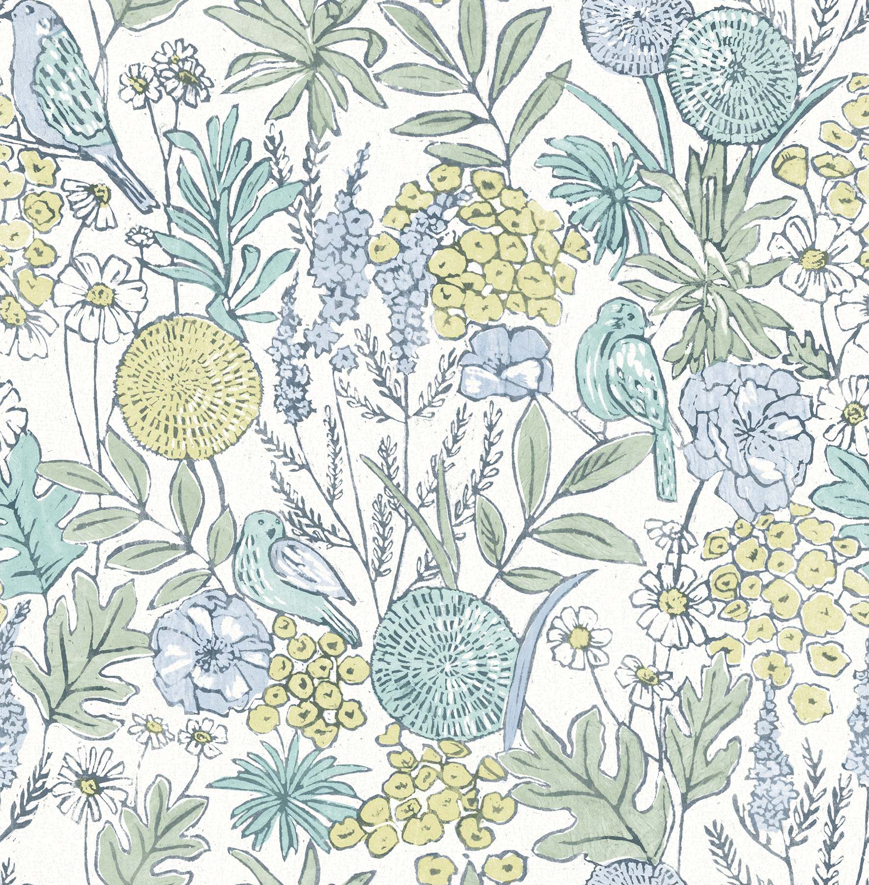 Goldfinch Aqua Birds and Blooms Wallpaper