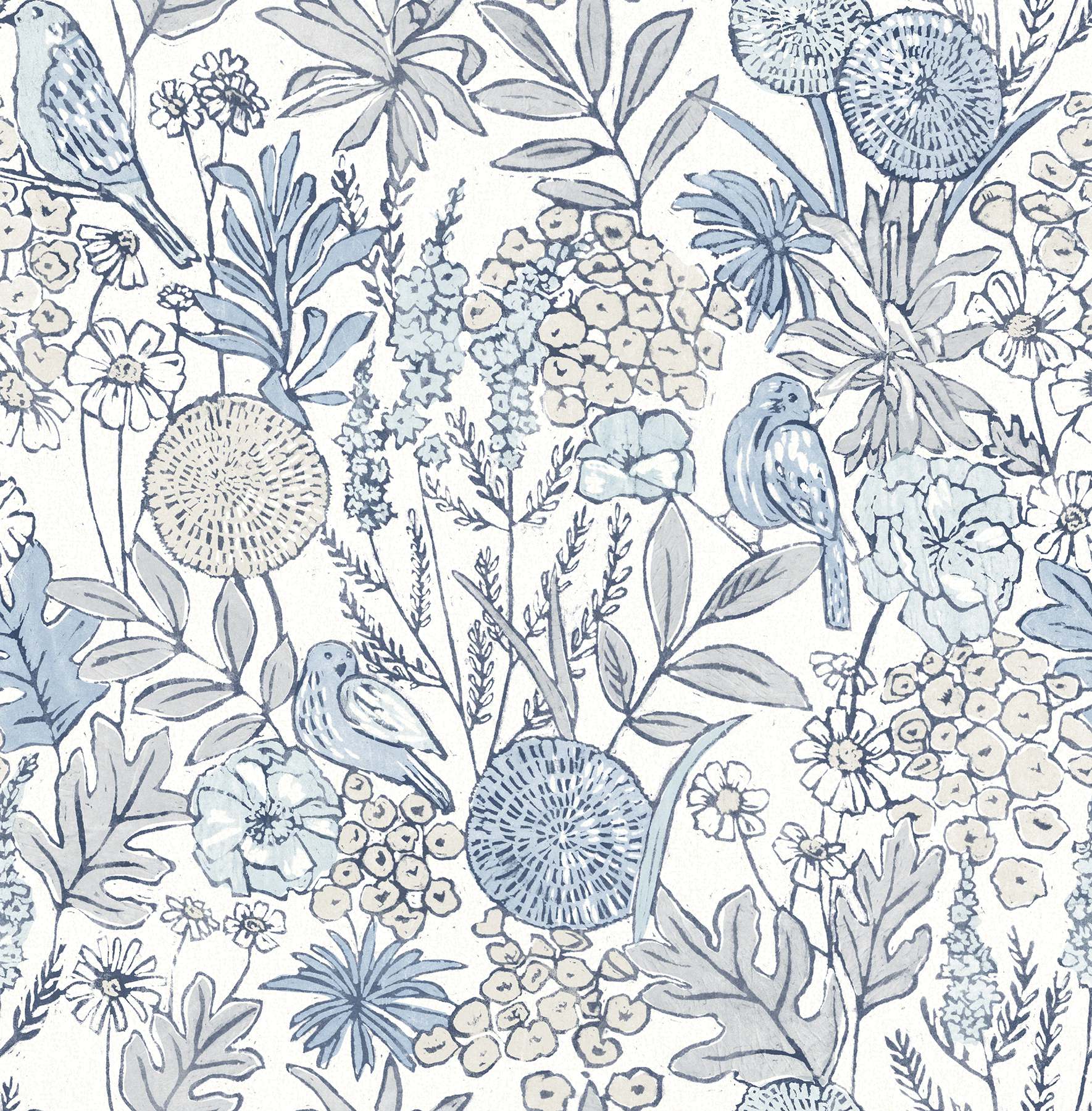 Goldfinch Blue Birds and Blooms Wallpaper