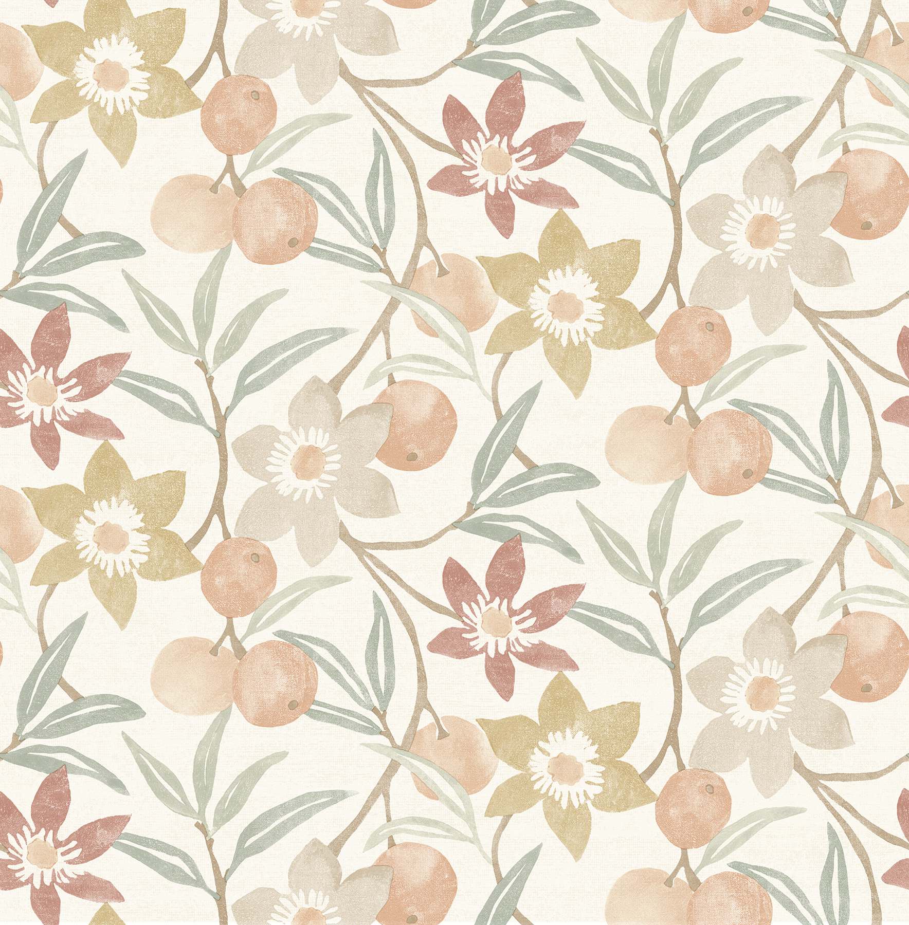 Passiflora Peach Fruit and Floral Wallpaper