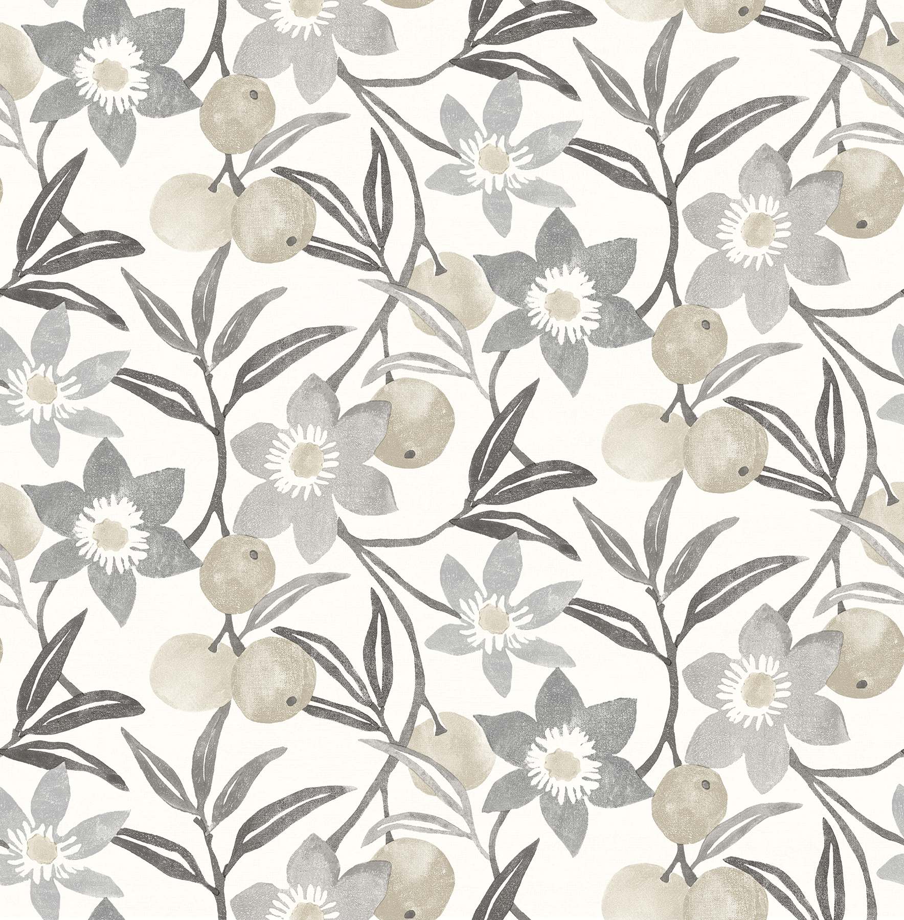 Passiflora Charcoal Fruit and Floral Wallpaper