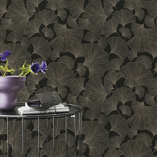 Waft Black Ginkgo Wallpaper