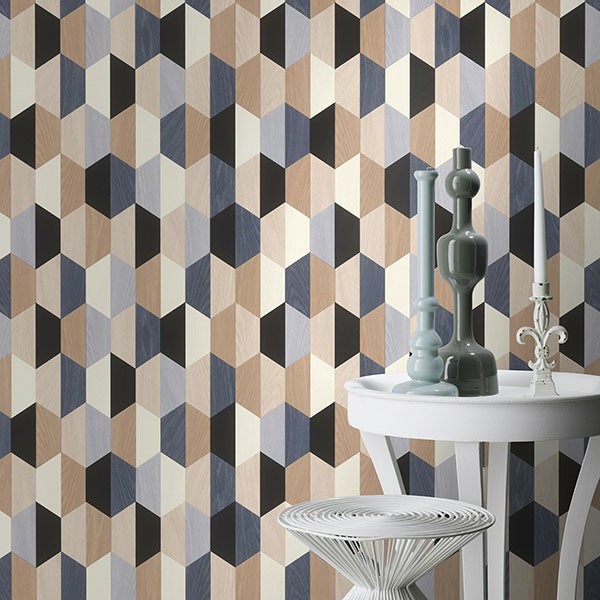 Anthony Blue Wooden Hexagon Wallpaper