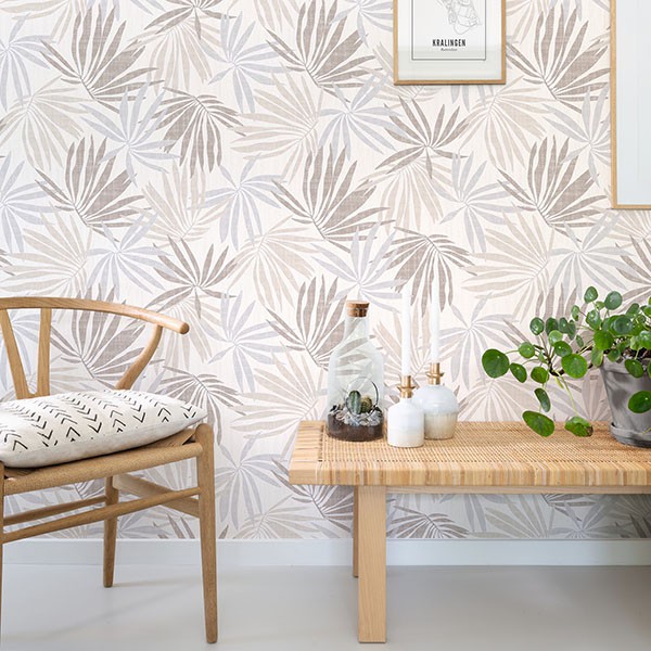 Khmunu Neutral Palm Leaf Wallpaper