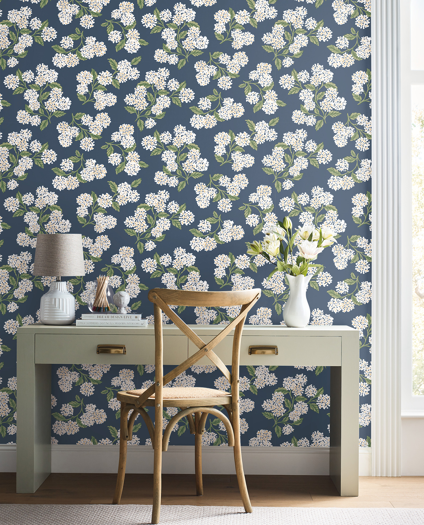 Hydrangea Navy & White Peel & Stick Wallpaper