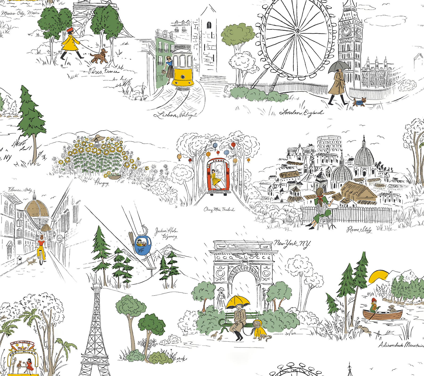 Travel Sketches Yellow Globetrotter Premium Peel + Stick Wallpaper