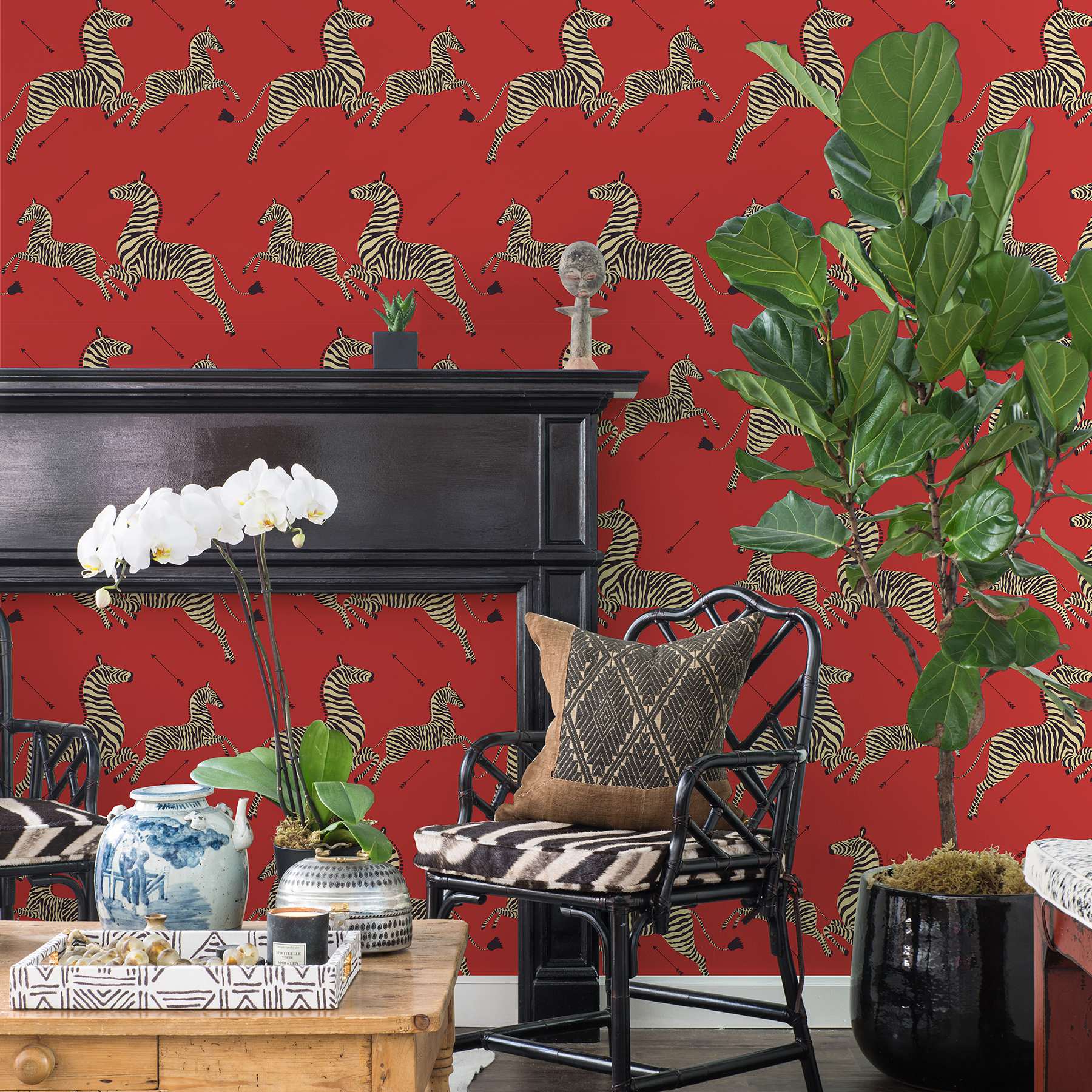 Masai Red Zebra Safari Scalamandre Self Adhesive Wallpaper