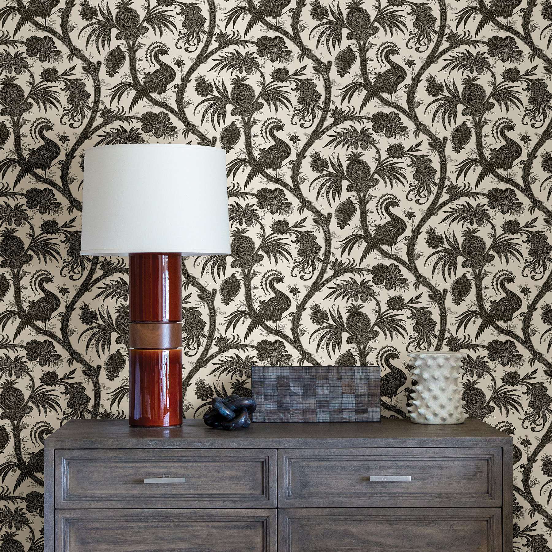 Charcoal Balinese Peacock Scalamandre Self Adhesive Wallpaper
