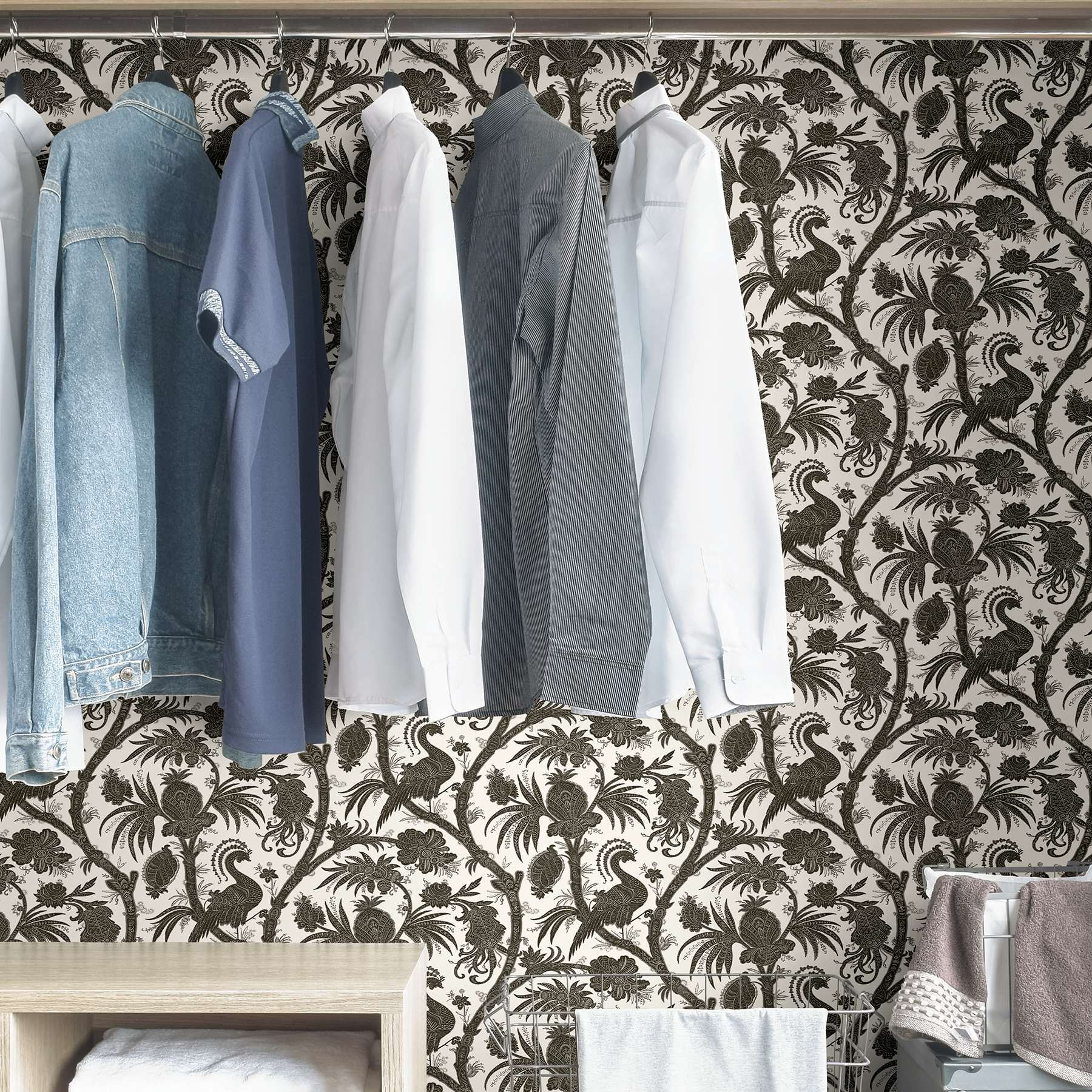 Charcoal Balinese Peacock Scalamandre Self Adhesive Wallpaper