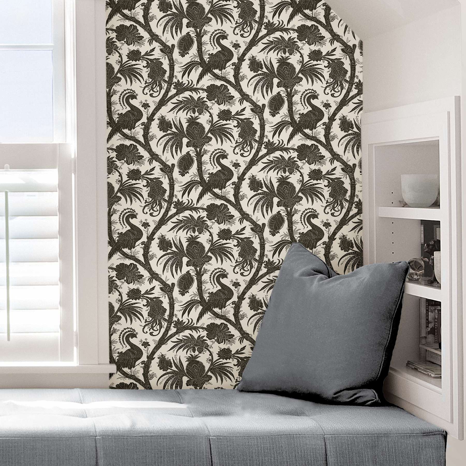 Charcoal Balinese Peacock Scalamandre Self Adhesive Wallpaper