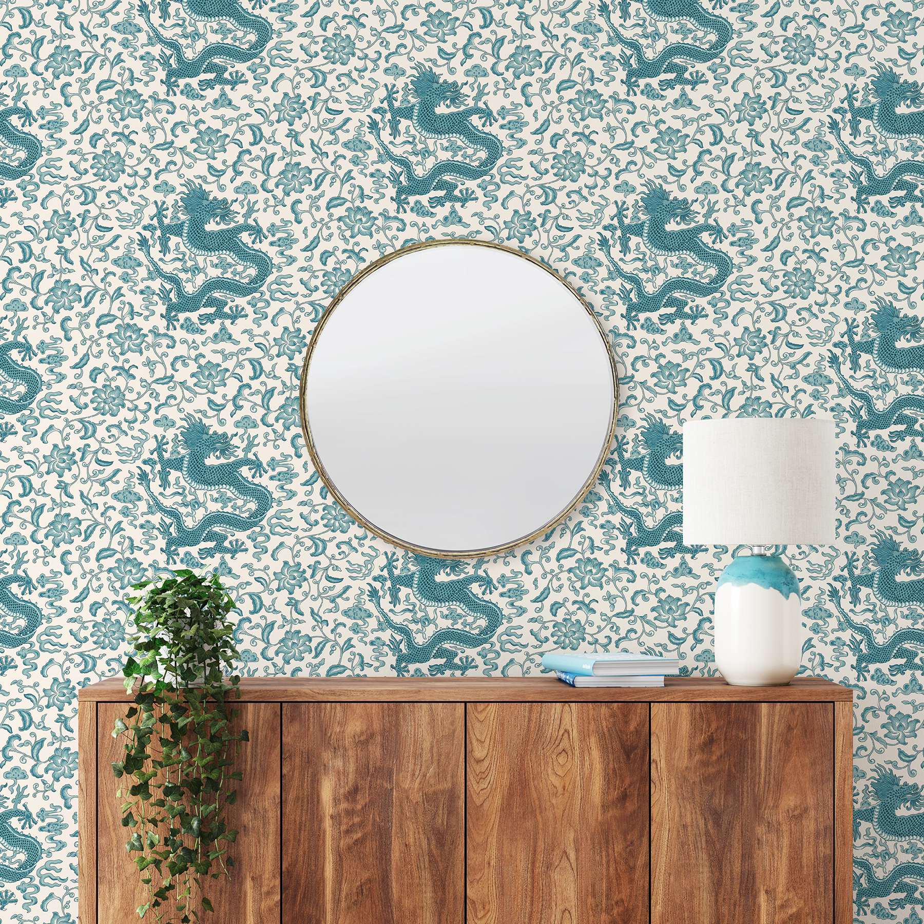 Peacock Chi'en Dragon Scalamandre Self Adhesive Wallpaper