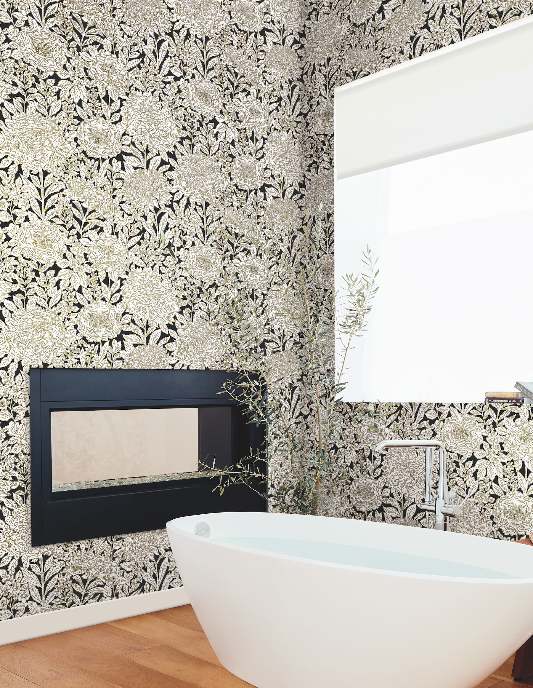 Black & Gold Wood Block Blooms Wallpaper