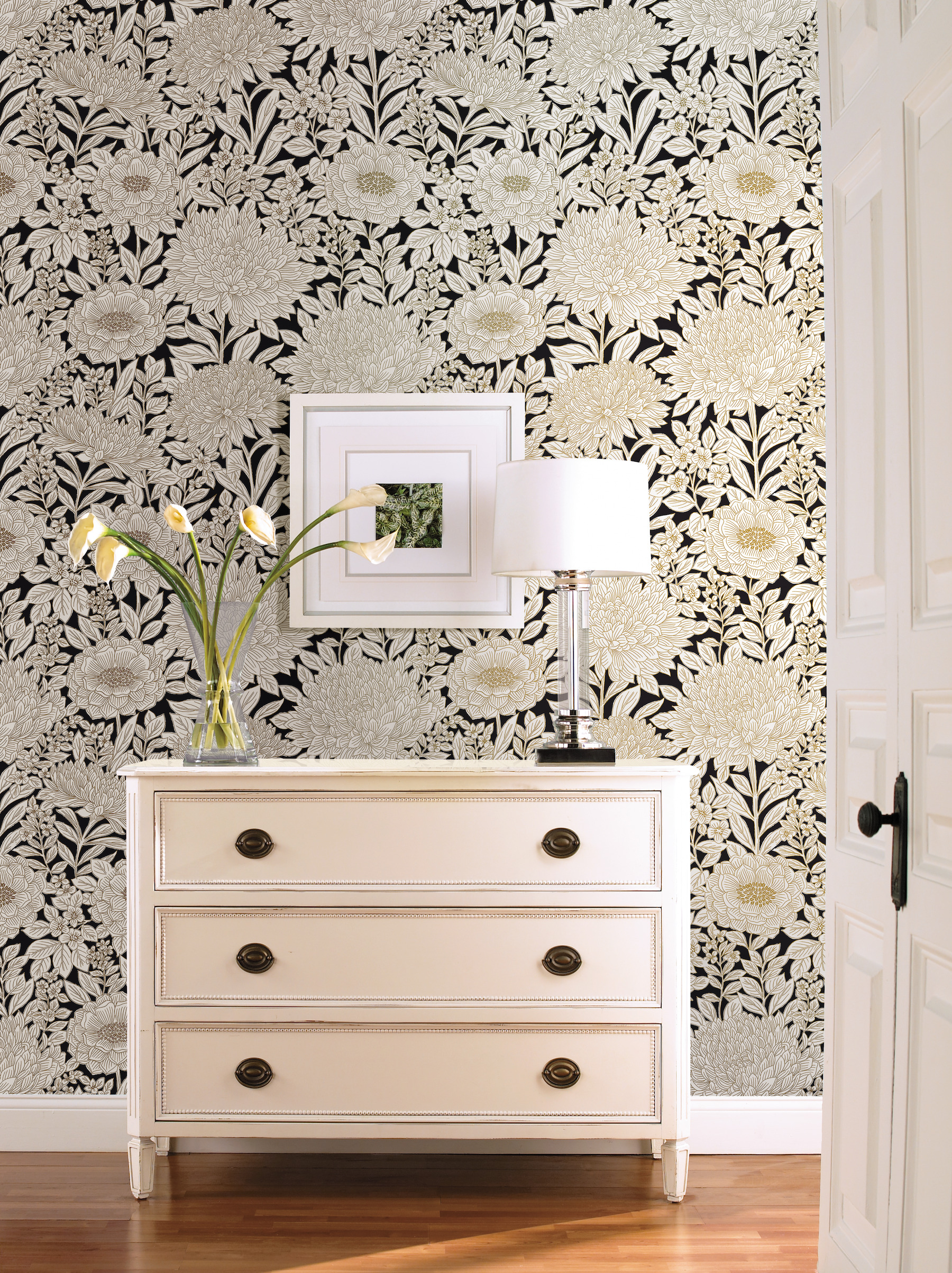 Black & Gold Wood Block Blooms Wallpaper