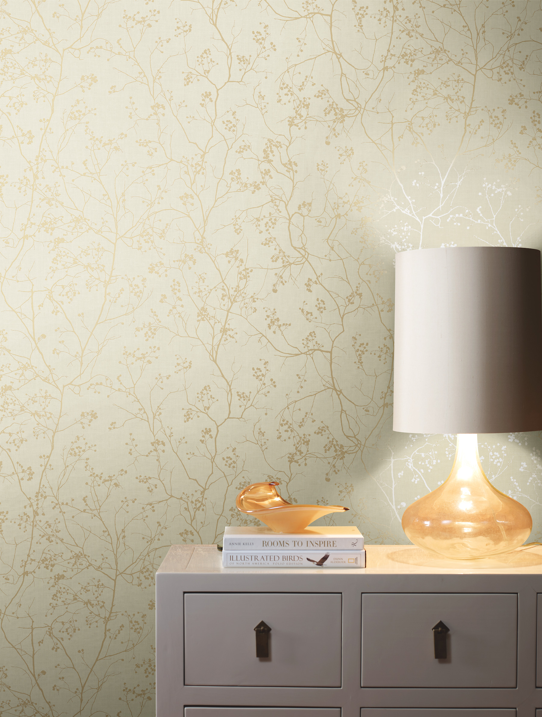 Cream & Gold Luminous Branches Wallpaper