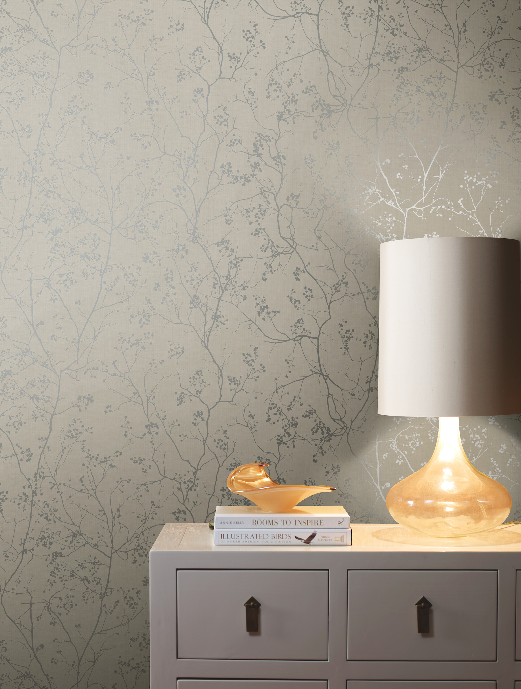 Grey & Silver Luminous Branches Wallpaper