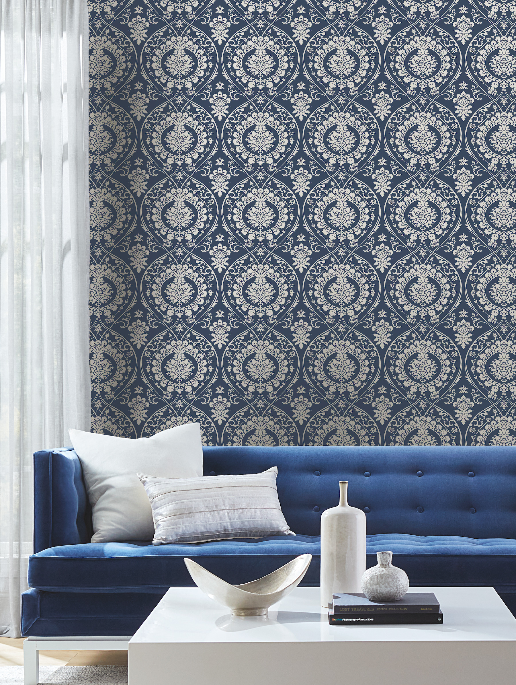 Navy & Silver Imperial Damask Wallpaper