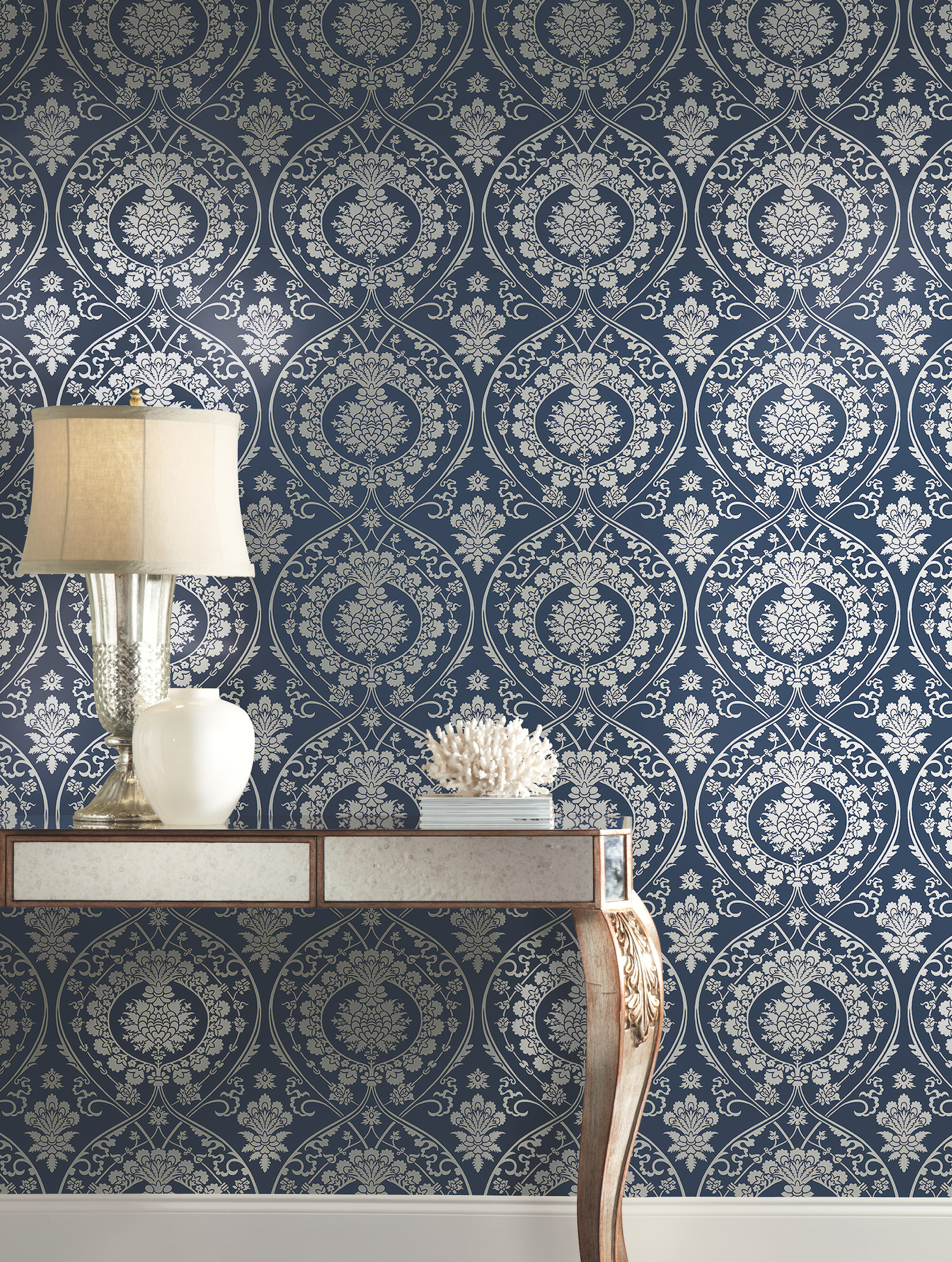 Navy & Silver Imperial Damask Wallpaper