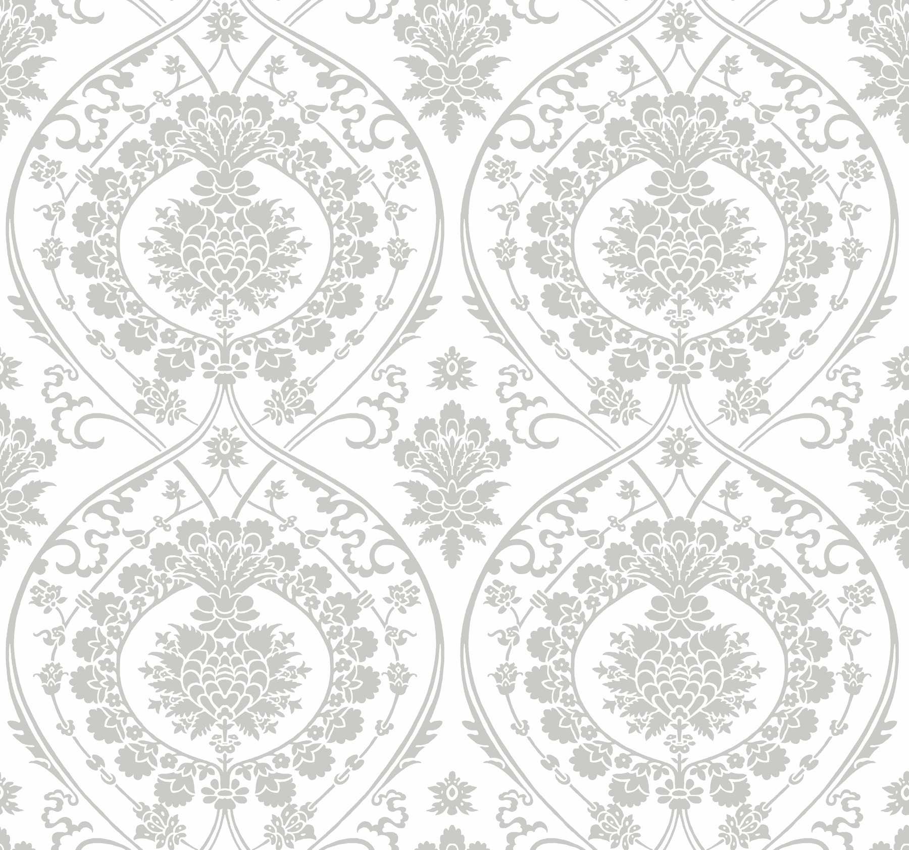White & Silver Imperial Damask Wallpaper