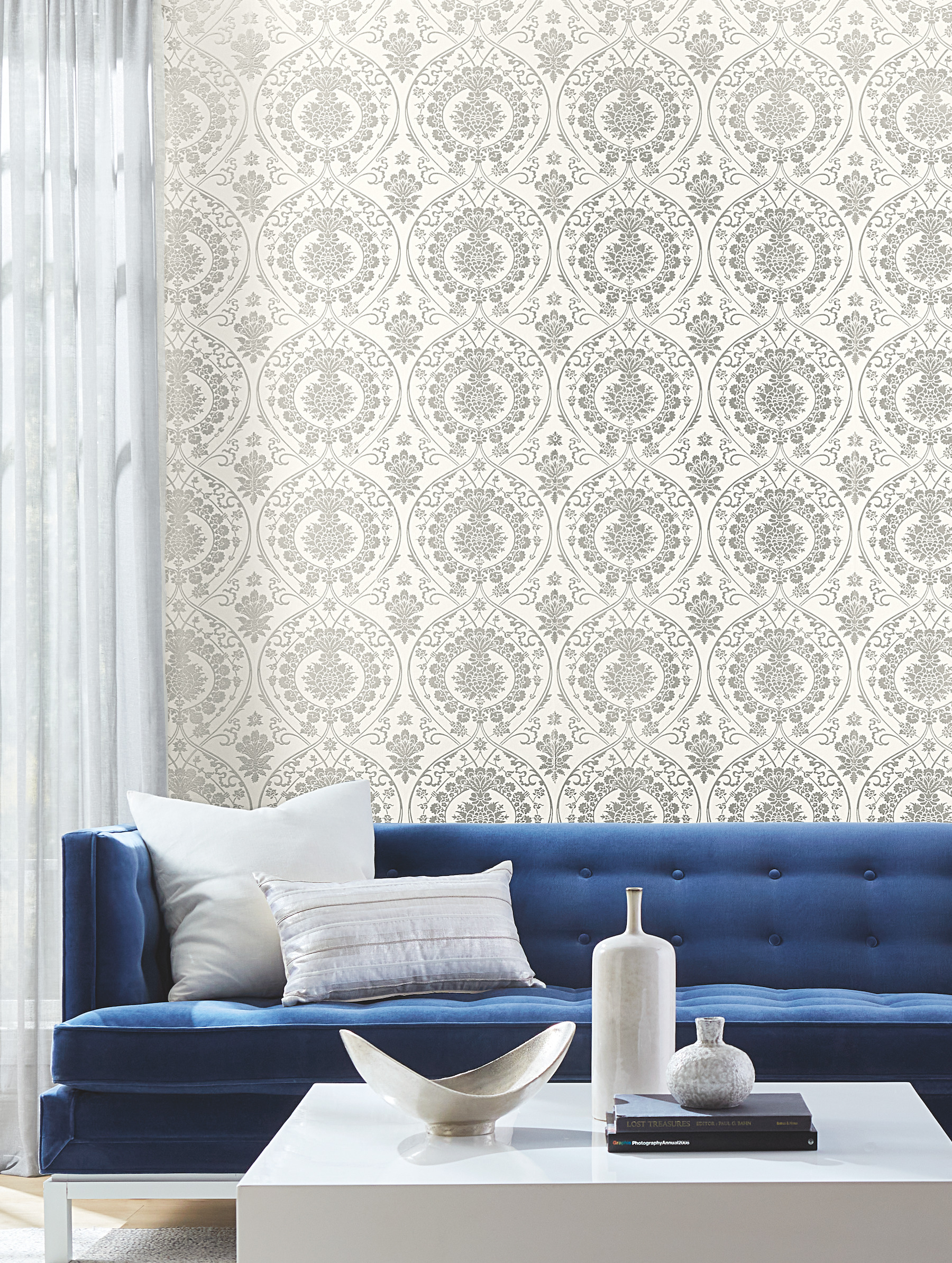 White & Silver Imperial Damask Wallpaper