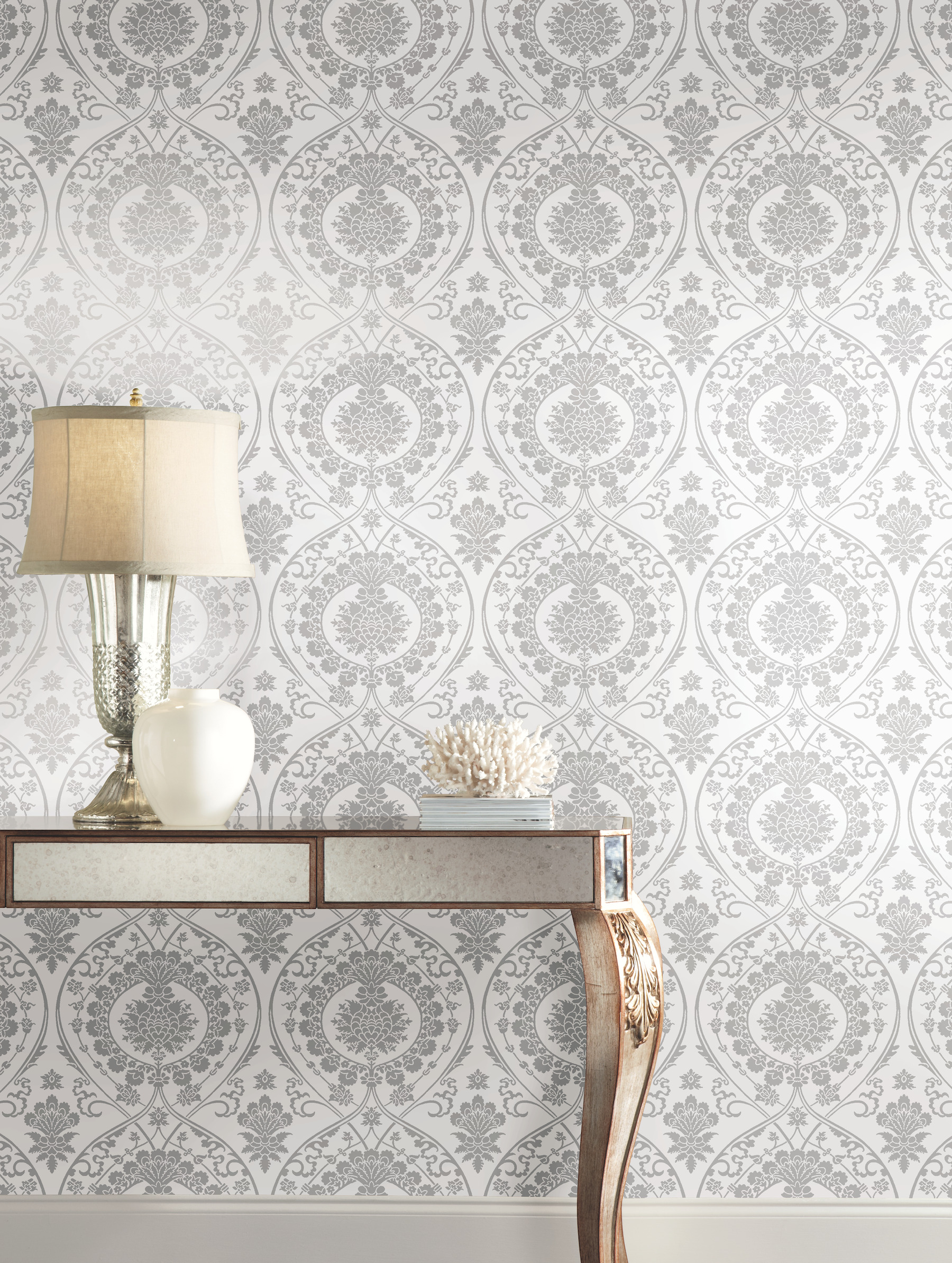 White & Silver Imperial Damask Wallpaper