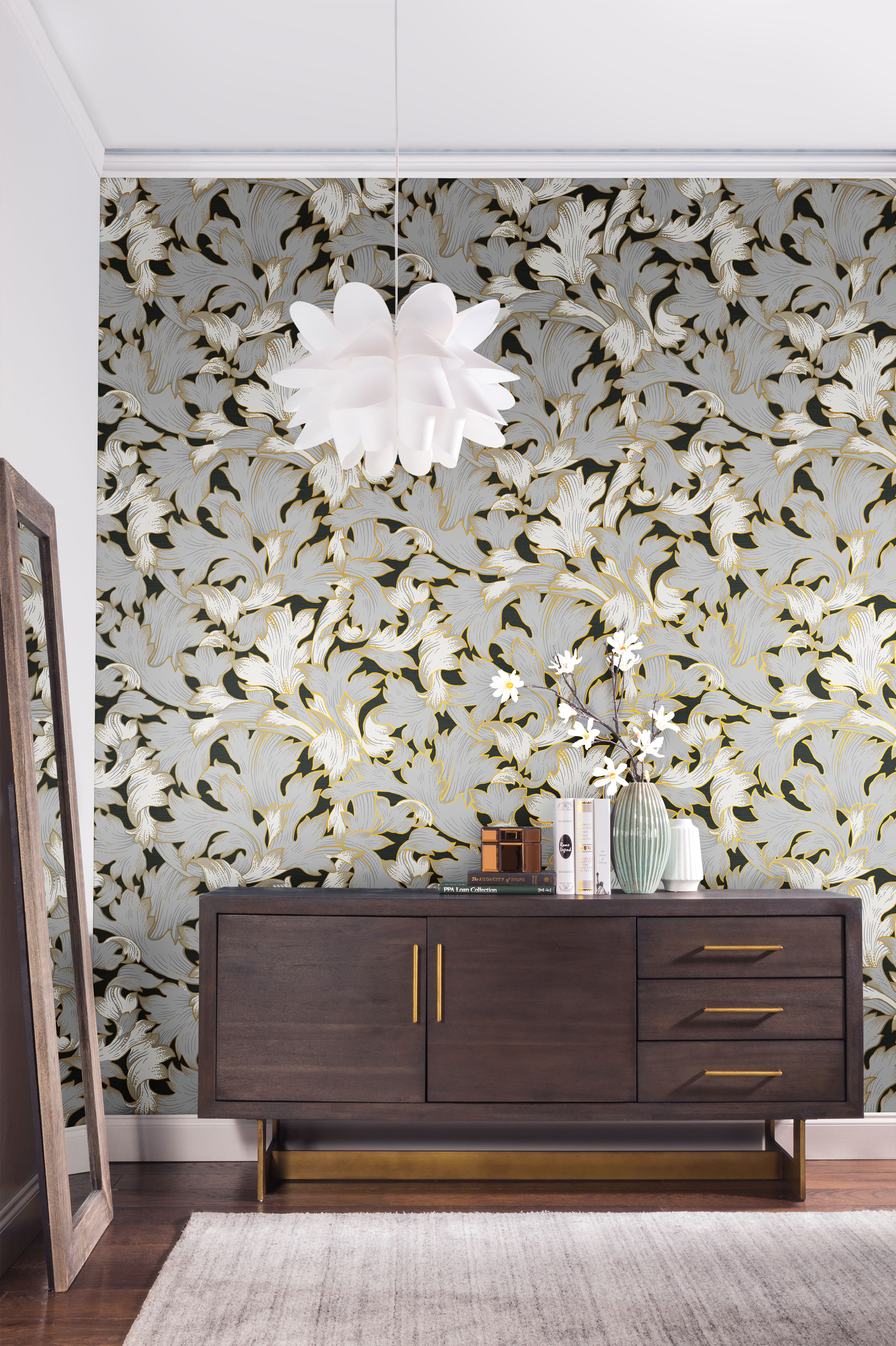 Black & Grey Acanthus Toss Wallpaper