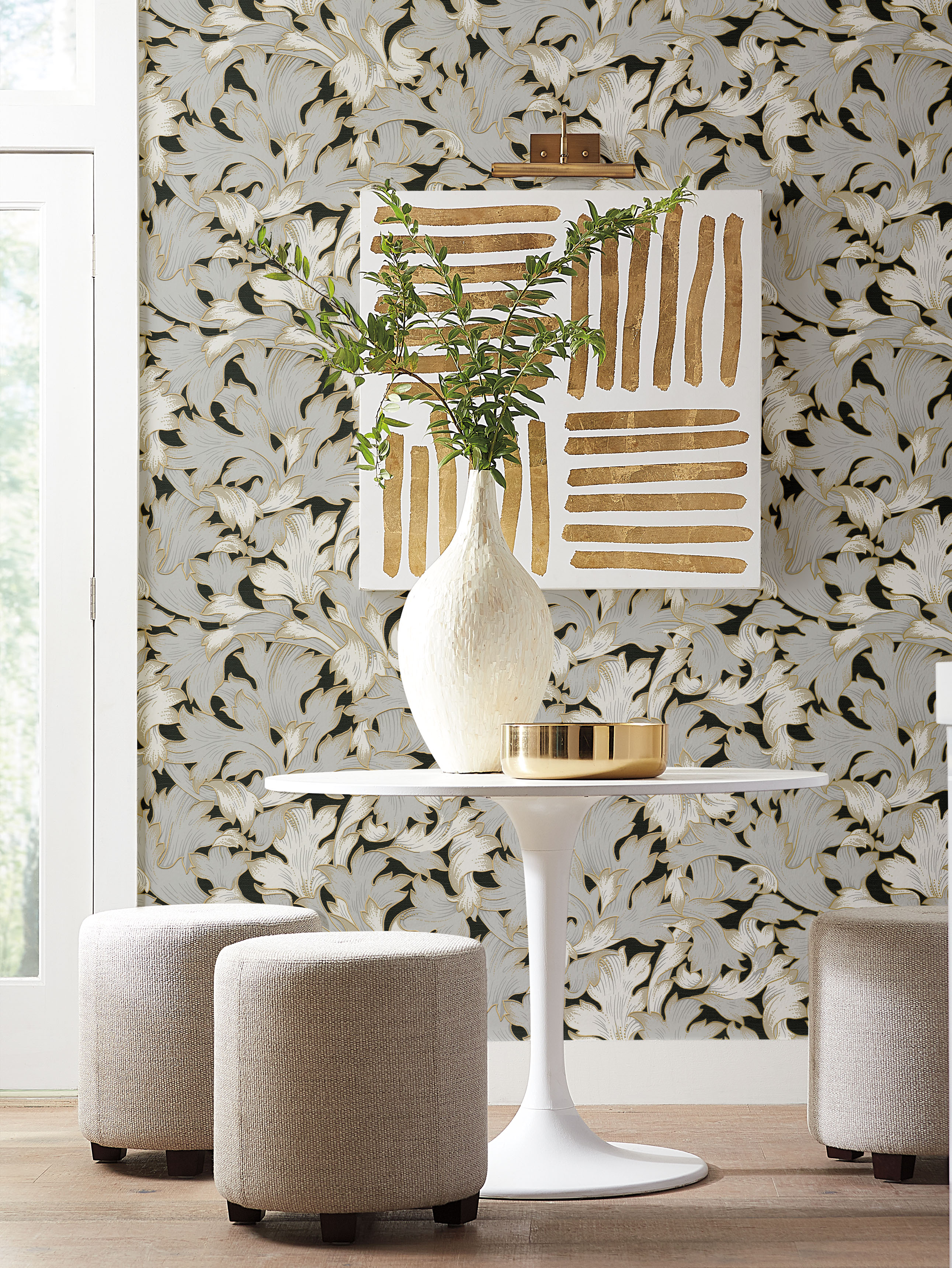Black & Grey Acanthus Toss Wallpaper
