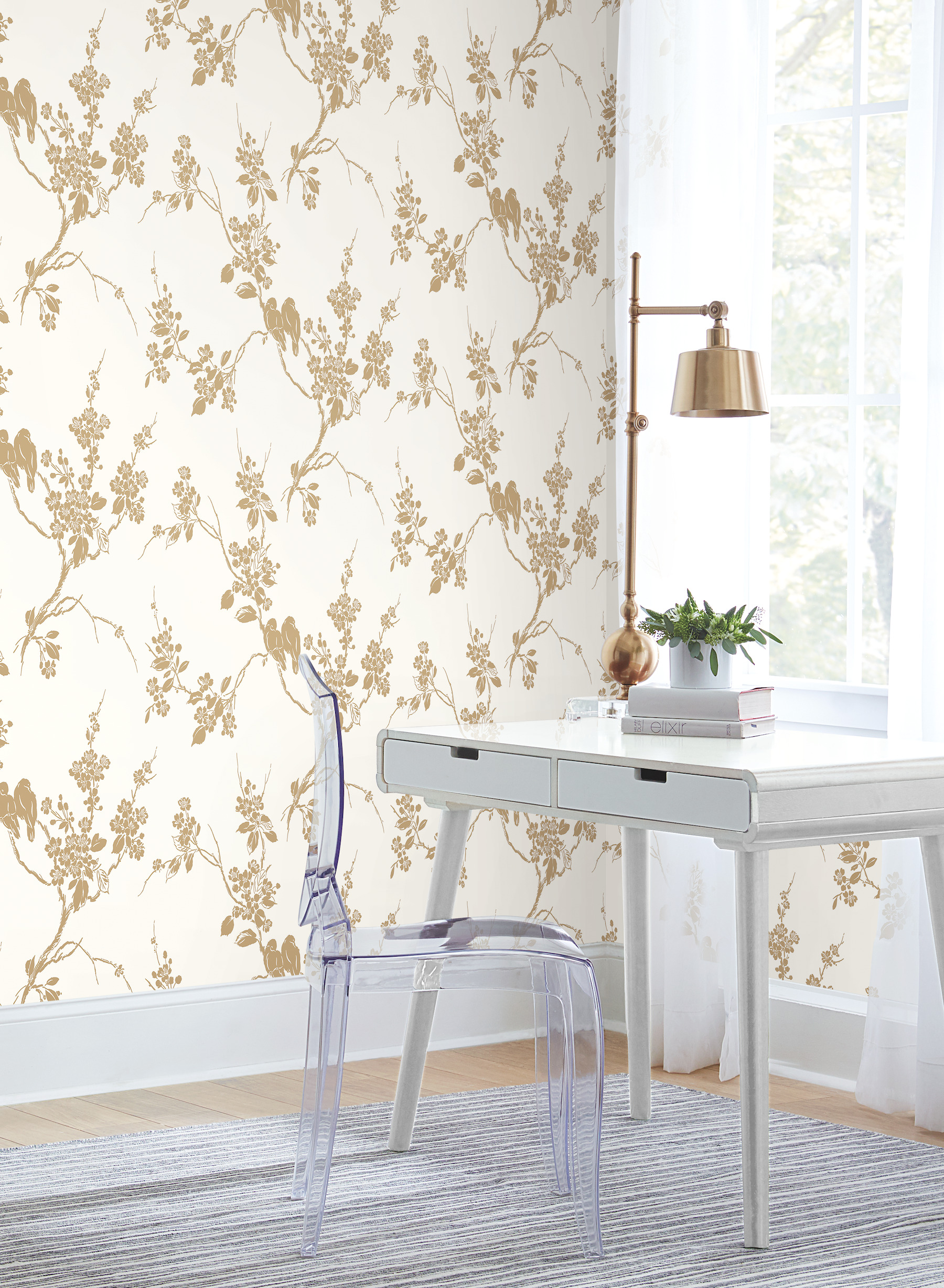 Gold Metallic Imperial Blossoms Branch Wallpaper