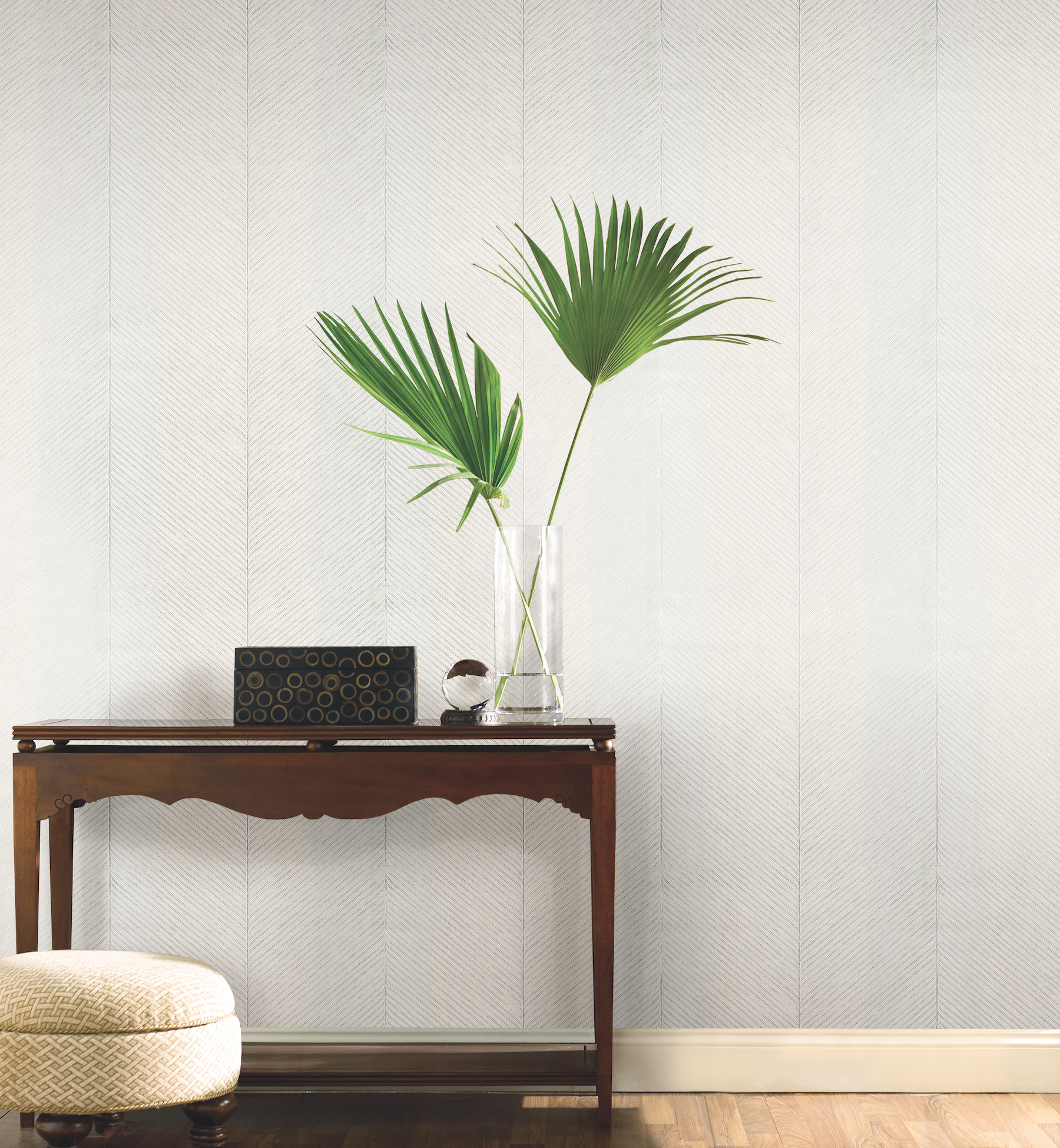 White & Silver Palm Chevron Wallpaper
